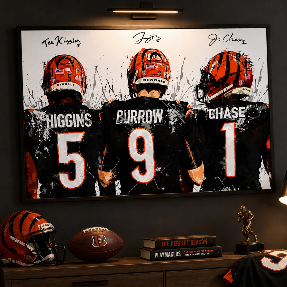 Joe Burrow, Ja'Marr Chase, Tee Higgins, Cincinnati Bengals, Canvas Wrap or Museum-Quality Poster, Fine Art, Man Cave, Kids room, Office football wall poster canvas wrap sports tribute poster sports viewing decor