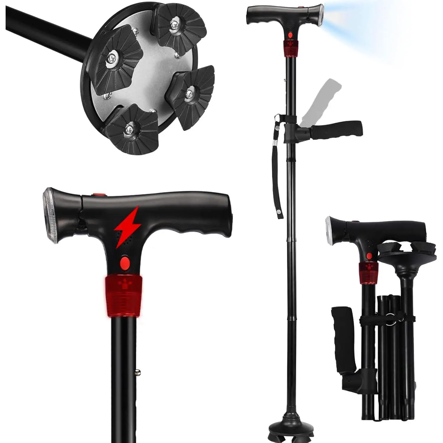 Walking Cane for Seniors Adults Men Women with Alarm LED Light Foldable Adjustable Lightweight Free Self Standing