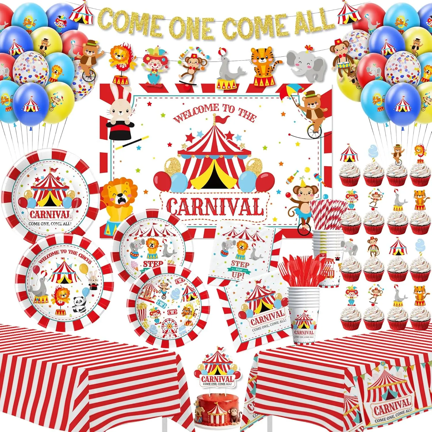 Circus Carnival Theme Disposable Party Supplies Set (24 Pcs) - Paper Plates, Napkins, Cups, Banner, Backdrop, Tablecloth, Balloons, Toppers for Kids' Birthday, Baby Shower Parties, Gifts, 9 In