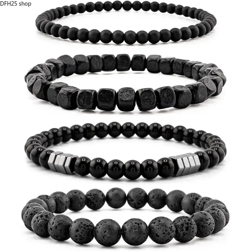 Matte Agate Bead Bracelet Set for Men, Adjustable Lava Rock Stretch Bracelets, Natural Stone Jewelry for Daily Wear and Modern Styling
