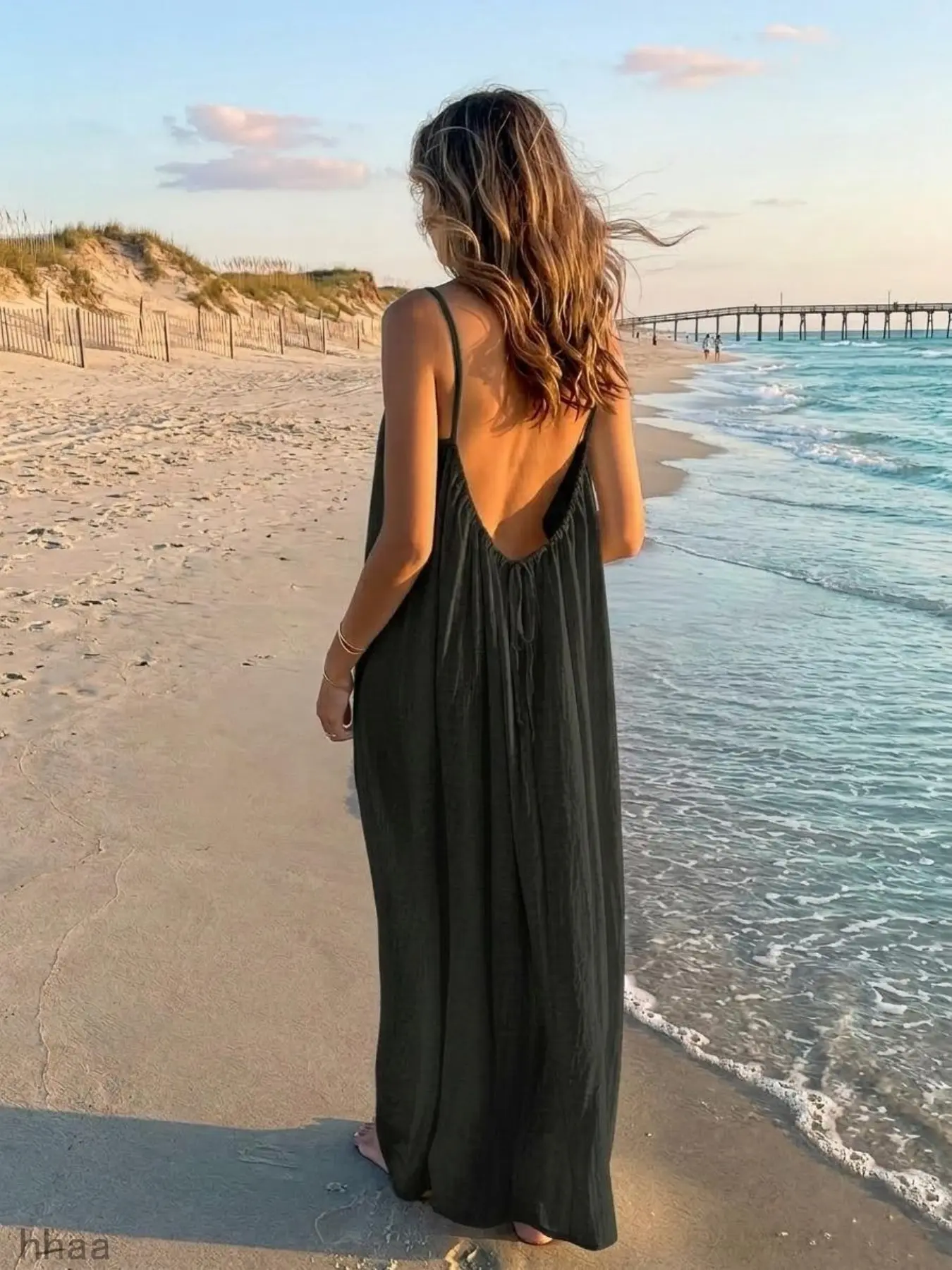 Summer Flowy Back Tie Strap Adjustable Sleep Dress, Women's Spaghetti Straps Breathable Casual Long Nightgown, Simple Romantic Open Back Home Wear Beach