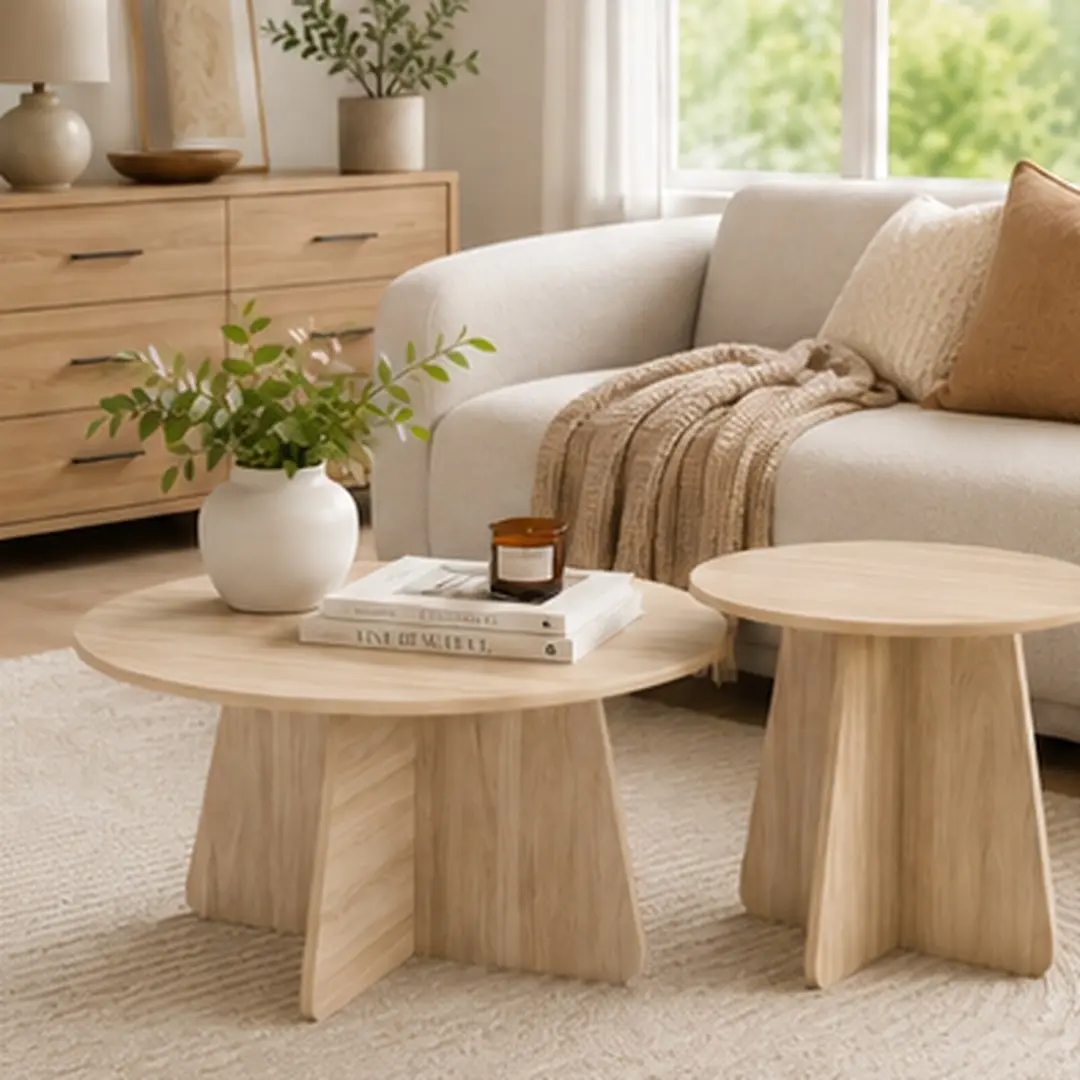 ARCH Retro Round Nesting Coffee Table Set (2-Piece) - Crisscross Legs, MDF Wood Grain, Clean Design, Classic 70s-90s Style Furniture, Dark Wood-Tone Living Room Furniture, Walnut/Natural Options for Small Spaces