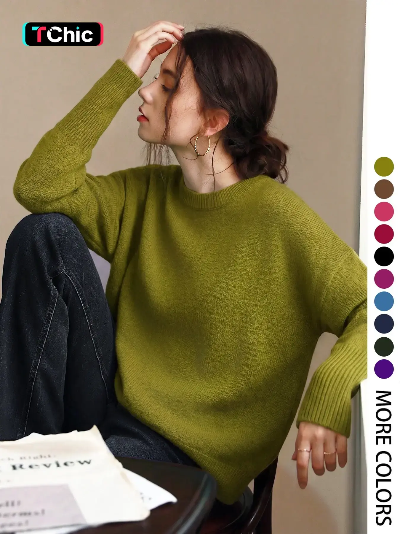 Elegant Women's Fall Winter Fashion Casual Home Wear, Loose Fit Striped Knit Round Neck Long Sleeve Pullover Top, Minimalist Style
