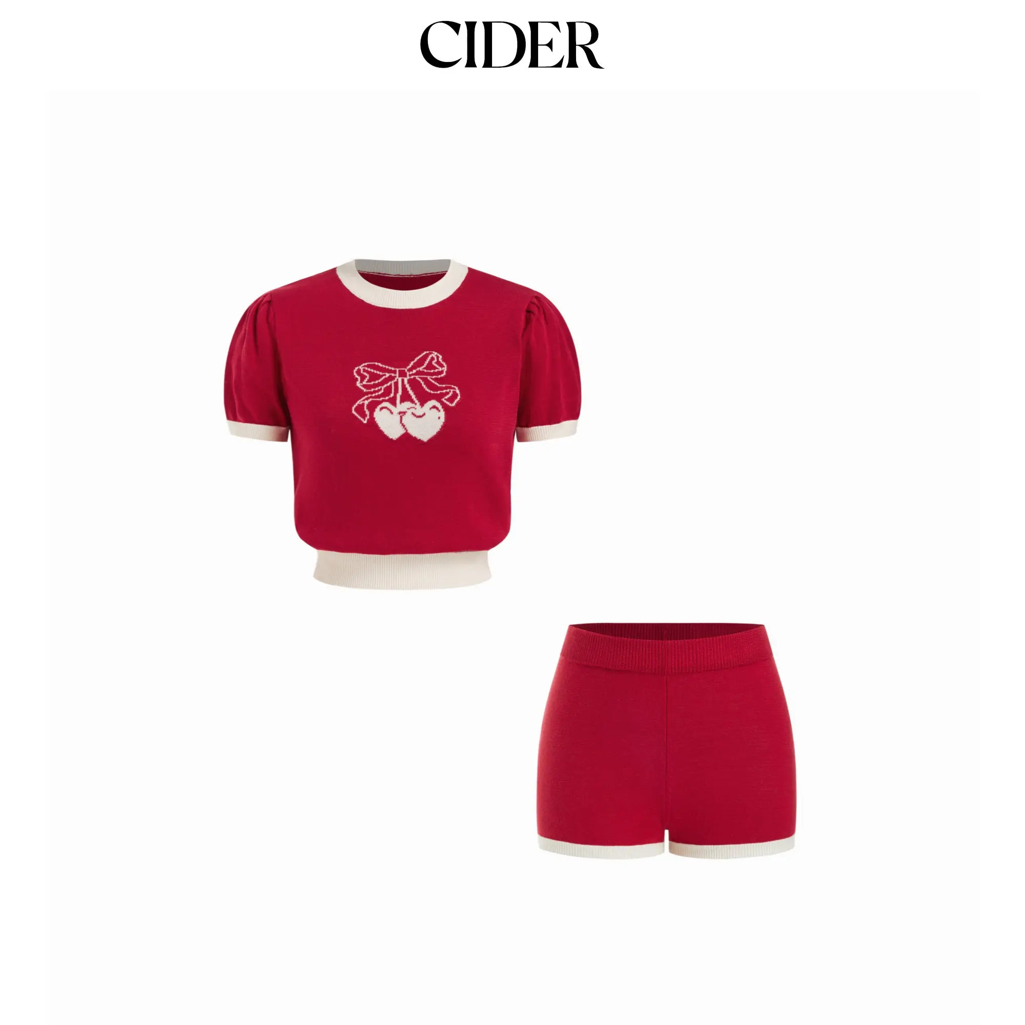 Cider Knit Heart Cherry Graphic Contrasting Binding Puff Sleeve Top & Shorts Set SohoChic