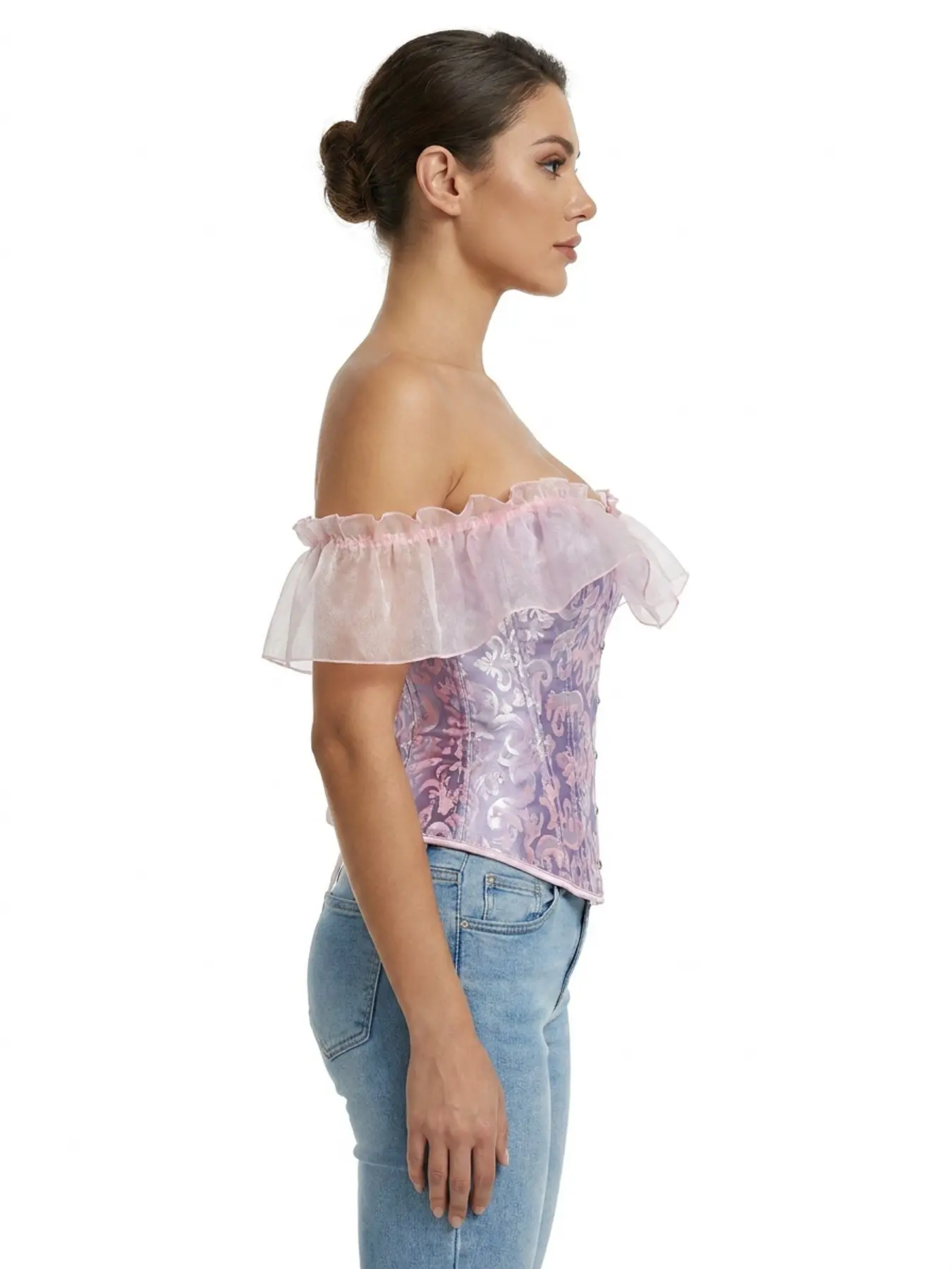 Vintage Off the Shoulder Ruffle Corset Top, Babydoll Corset, Feminine Purple Floral Brocade Overbust Bustier with Lace-Up Back, Renaissance Victorian Style Sexy Lingerie for Women