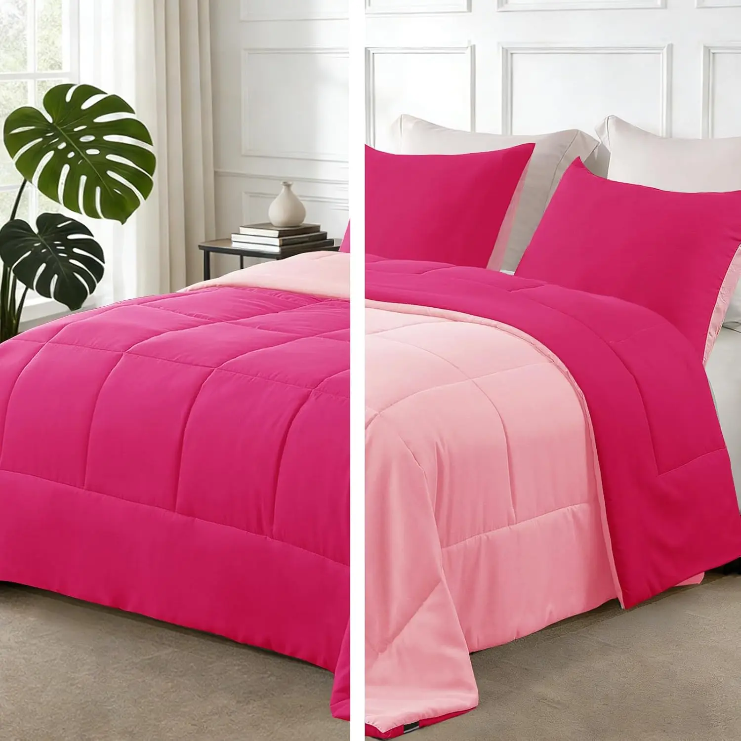 Lightweight Reversible Queen Size Comforter Set, Down Alternative Comforter with 2 Pillow Sham, Queen Size Bedding Set for All, Hot Pink/Bright Pink