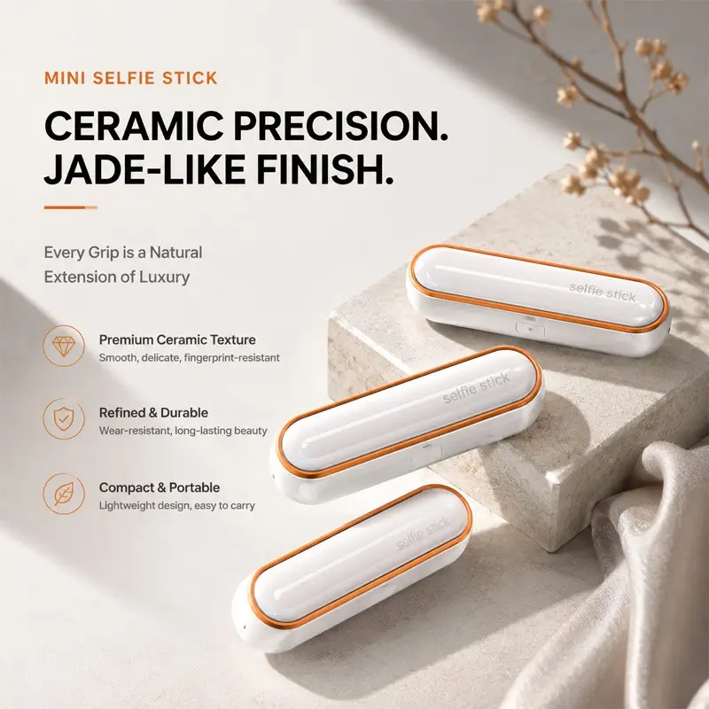 Luxury Ceramic Jade Texture Pocket Selfie Stick, Bluetooth-compatible Remote, 67cm Extendable, Ultra Light 135g, Anti-Shake, Portable for Travel Vlog