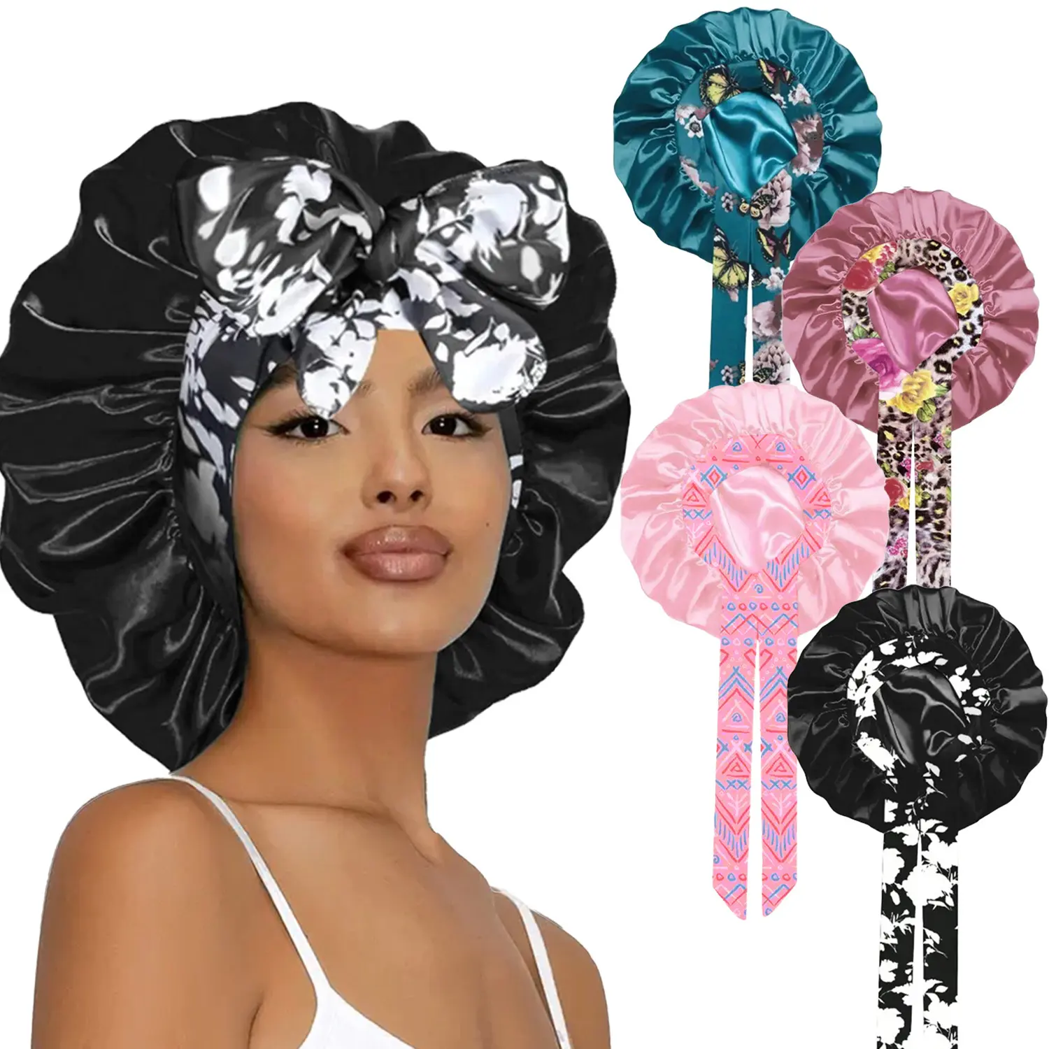 Extra Large Printed Satin Bonnet for Haircare and Heat-Protection, Sleep Cap with Wide Elastic Band for Long Thick Hair, 1 Size Fits All, Heatless, Sleep Bonnet, Curly Hair, Adults, One Size Fits All