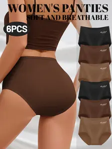 6pcs 95% Cotton Fabric Panties, Cozy Wide Waistband, Soft Breathable Underwear, Slim-Fitting, Elegant Style, All-Day Comfort, Plain Pattern