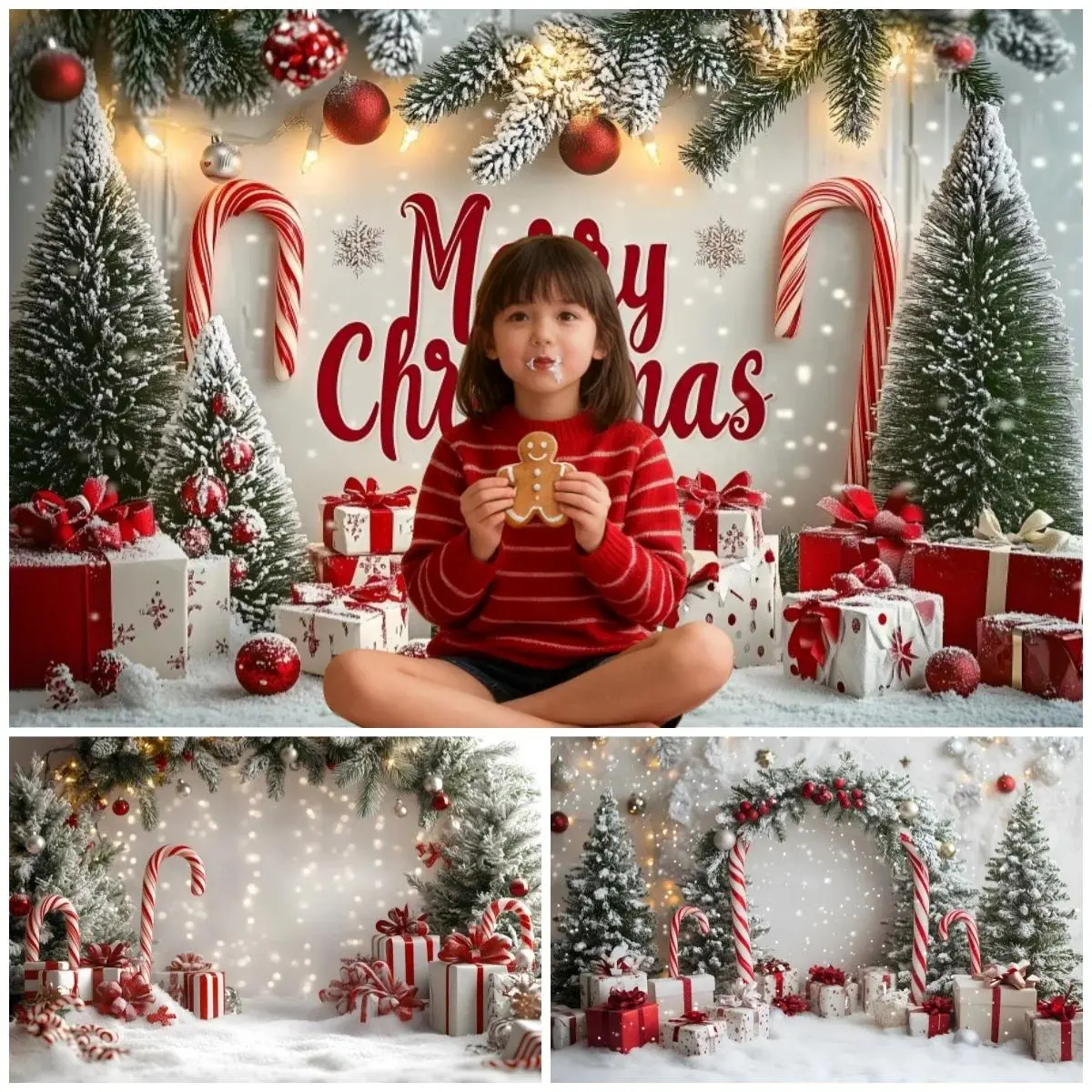 Wrinkle-Resistant Abstract Art Christmas Backdrop, Asian-Influence Festive Decor with Merry Christmas Sign, Gift Box, Candy Canes, Xmas Tree for Holiday Display, Photo Shoots (All Seasons, Anniversary Ready), Birthday