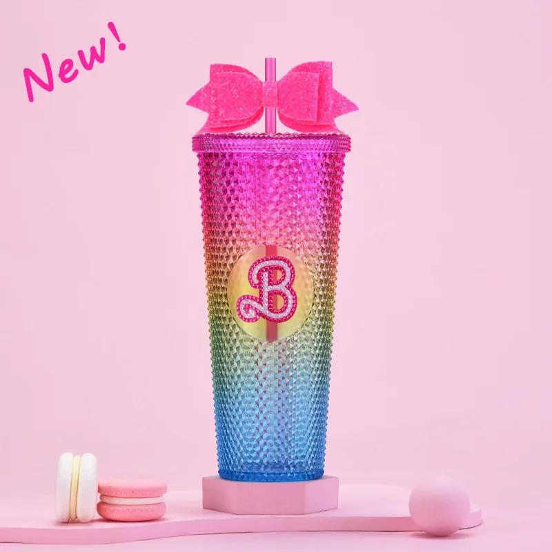 24oz Pretty Pink Studded Logo Tumbler with Matching Straw 710ml Gradient Hand Cup Double-layer Plastic Insulated Drinkware 24oz Pretty Pink Studded Logo Tumbler with Matching Straw 710ml Gradient Hand Cup Double-layer Plastic Insulated Drinkware