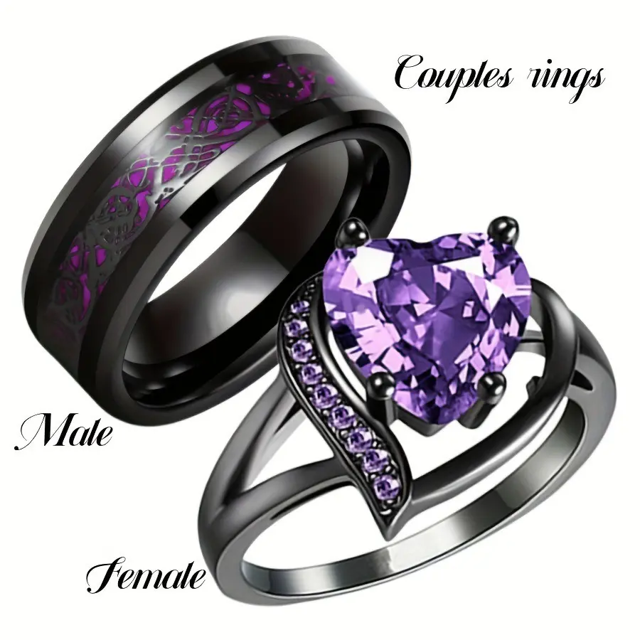 Heart and Dragon Promise Rings for Couples with Colored Zircon Gemstone, Romantic Hypoallergenic Scratch-Resistant Wedding Engagement Gift Set, Synthetic/Simulated Coloured Gemstone, Heart & Dragon Designs, Male Ring, Female, Promise Ring, Engagement Ring