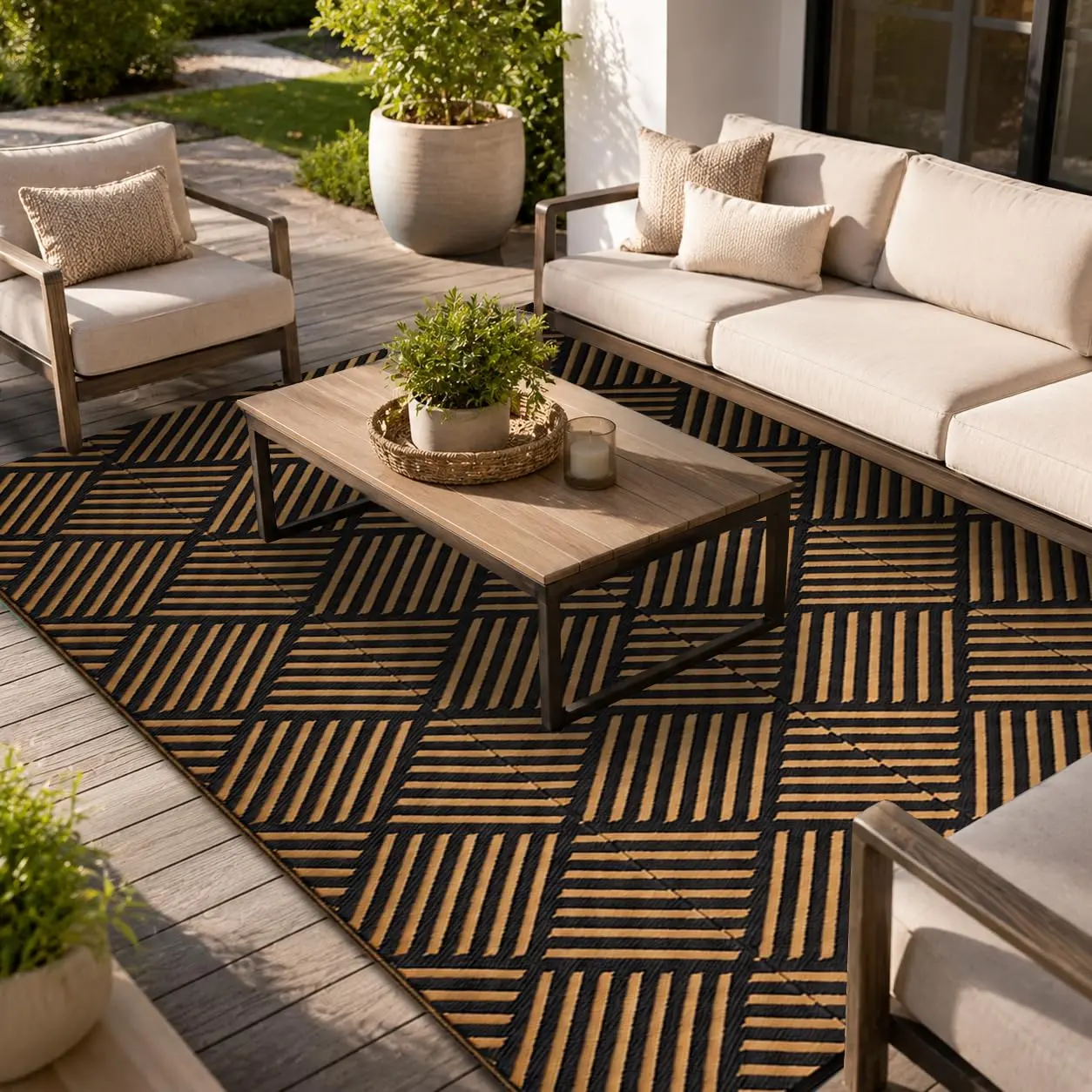 Garvee Waterproof Outdoor Rug 5x8 ft - Foldable Plastic Modern Area Rug, Large Floor Mat for Patio, Backyard, Deck, Picnic, Beach, Camping in Brown & Black