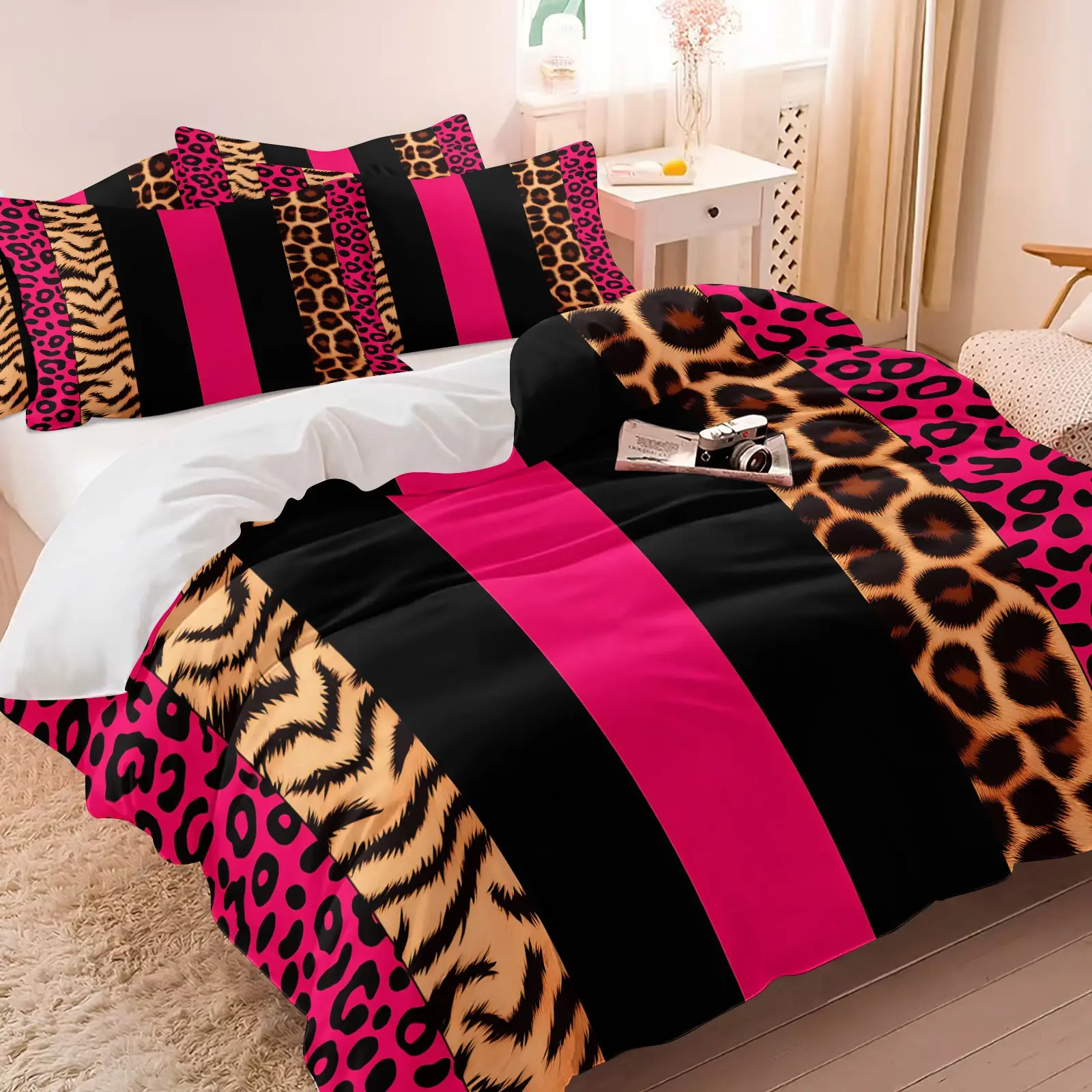 Wild Animal Print Vertical Stripe Black Hot Pink Bedding Set, 1 Duvet Cover + 1-2 Coreless Pillowcases, Breathable Cozy Durable Fabric, Mixed Leopard Tiger Print Contrast Design, Unique Fashion Decor Gift, Duvet Cover Sets
