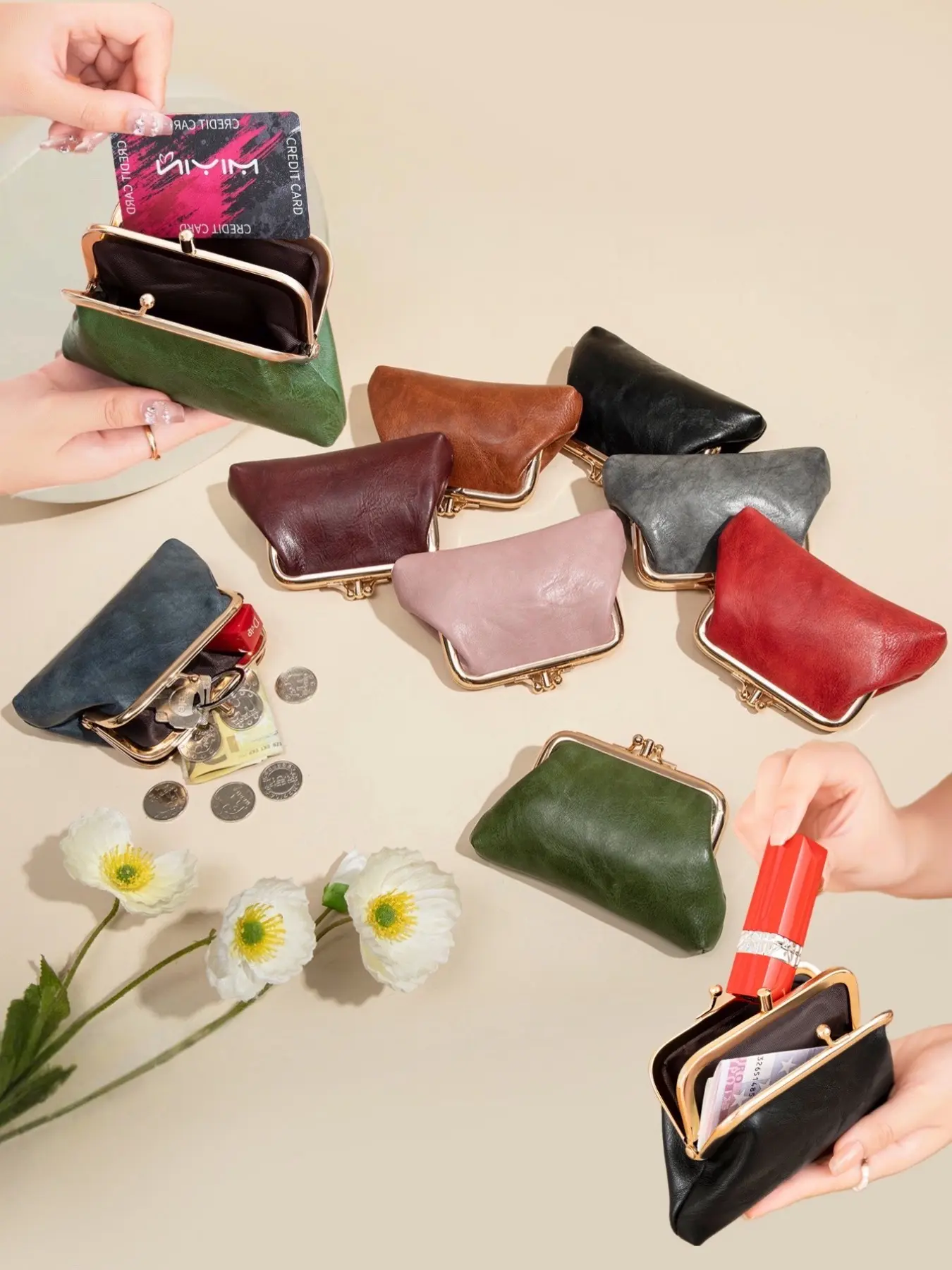 Women Vintage Soft PU Leather Mini Coin Purse, Wallet Coin Purse, Double Compartments Kiss Lock Design, Holds Coins, Lipsticks, Cash & Small Keys, Compact Minimalist Card Holder Portable For Daily Outings & Vacation Travel