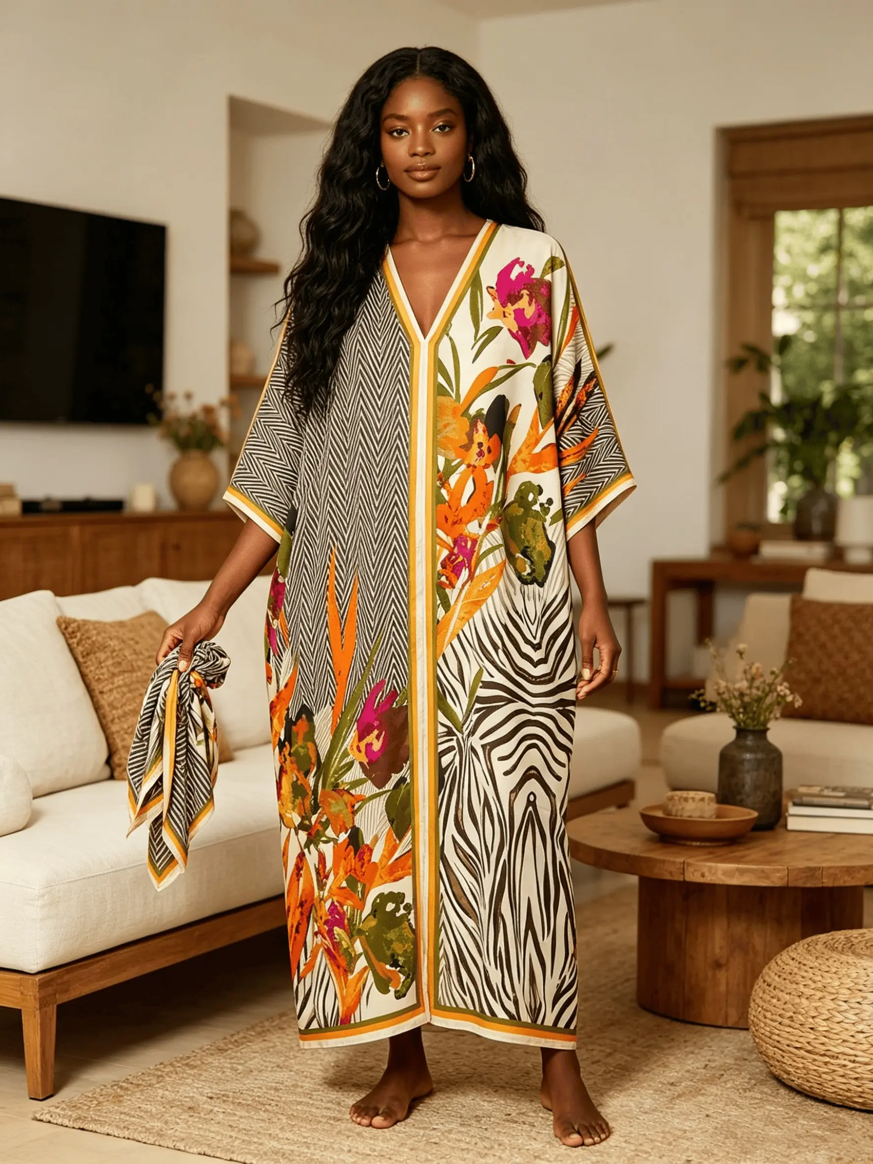 Bohemian Chic Mixed Print Zebra & Tropical Floral Silky Satin Kaftan 2 Piece Outfit with Coordinating Scarf, Oversized Plus Size Casual Boho Chic Loungewear, Versatile Beach Swim Cover Up, Tropical Resort Formal Long Dress