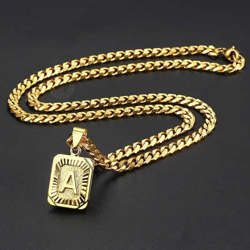 2026 Initial Letter Pendant Necklace for Men Womens, Gold Plated Square Capital Choker Alhpabets from A-Z 5mm 22inch Curb Chain Necklace
