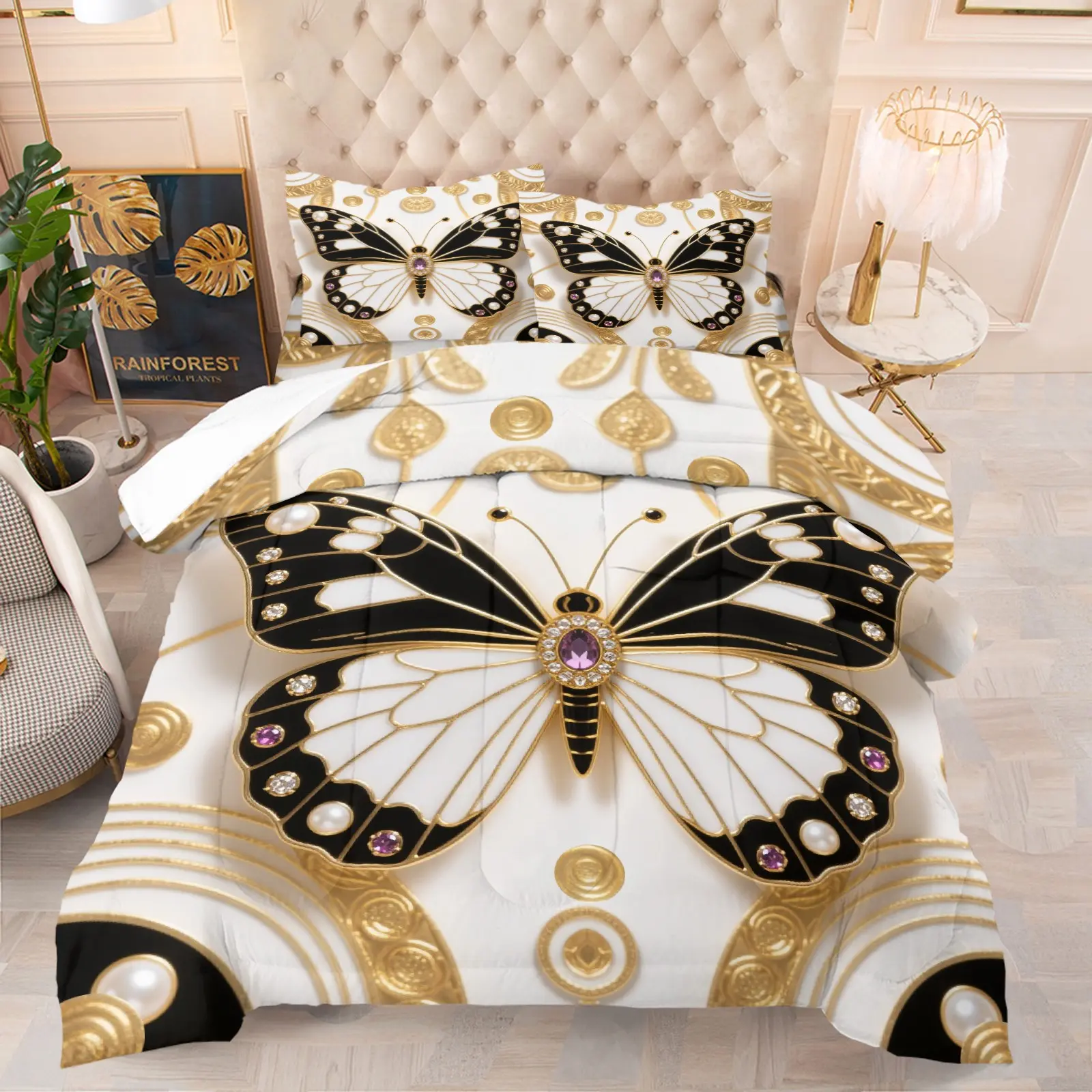 Elegant Golden Jewel Butterfly Comforter Bedding Set, 1 Comforter + 1‑2 Pillowcases, Black White Butterfly With Pearl Gem Decor Print, Soft Cozy Durable Washable Quilt, Perfect Glam Home Decor For Women Bedroom
