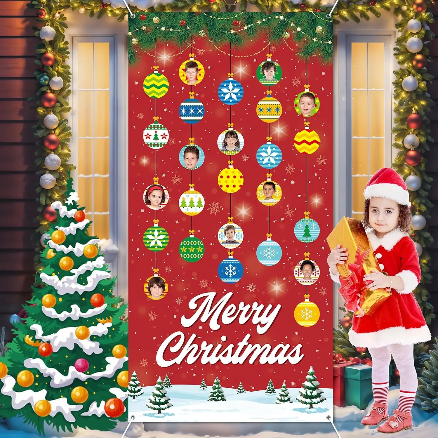 Christmas Door Cover Decoration Classroom Christmas Tree Ornaments Ball  Banner Xmas Backdrop Background for  Winter Holiday School Decor Outdoor Indoor Party Supplies