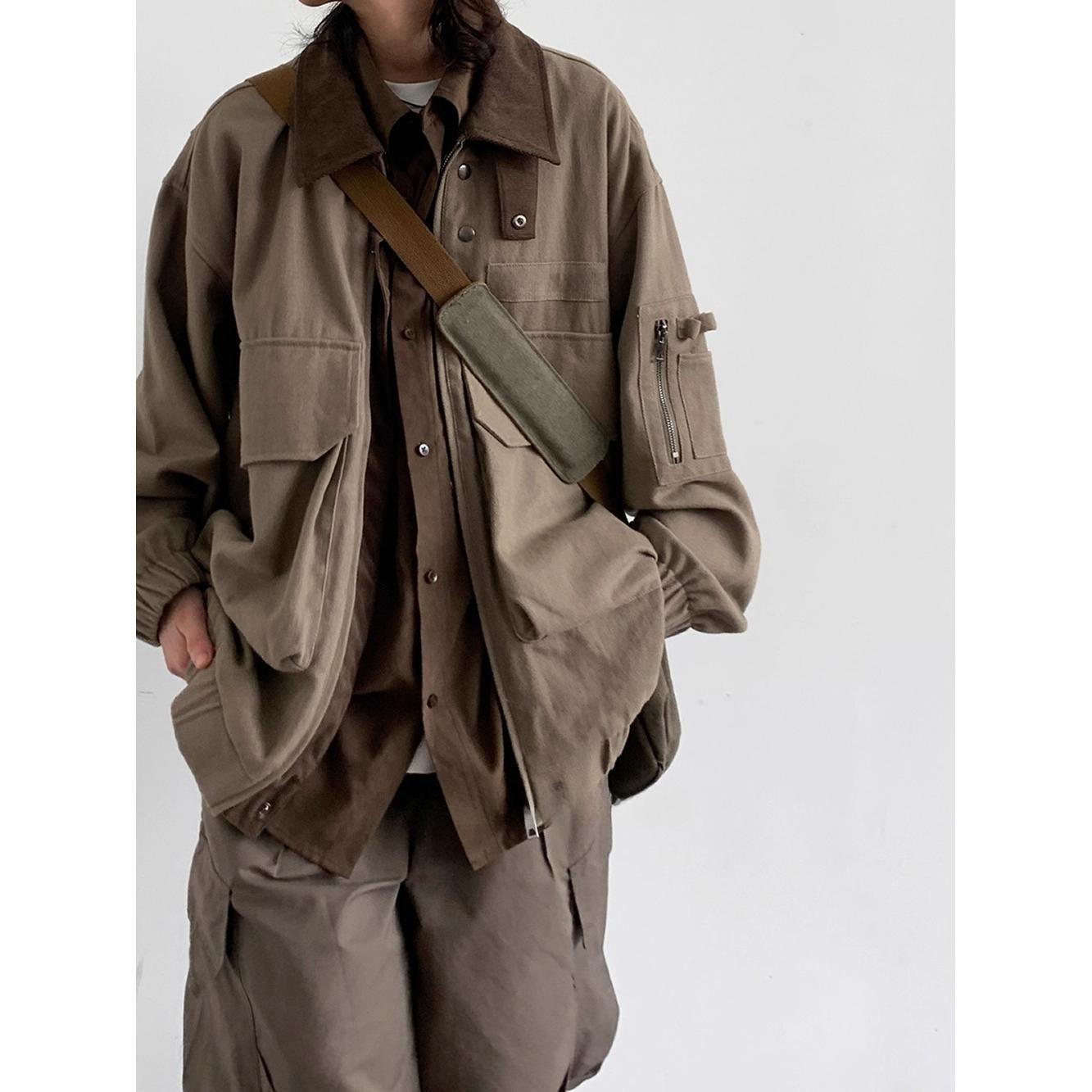 BIGWIG Unisex Japanese Retro Multi-Pocket Lapel Work Jacket & Matching Shirt, Loose Fit Versatile Wasteland Style Outfit for Men & Women