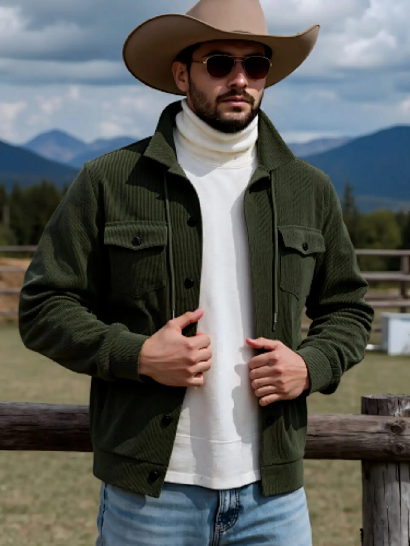 Men's Autumn Loose Fit Casual Commuter Corduroy Button Full Front Double Pocket Workwear Stand Collar Jacket
