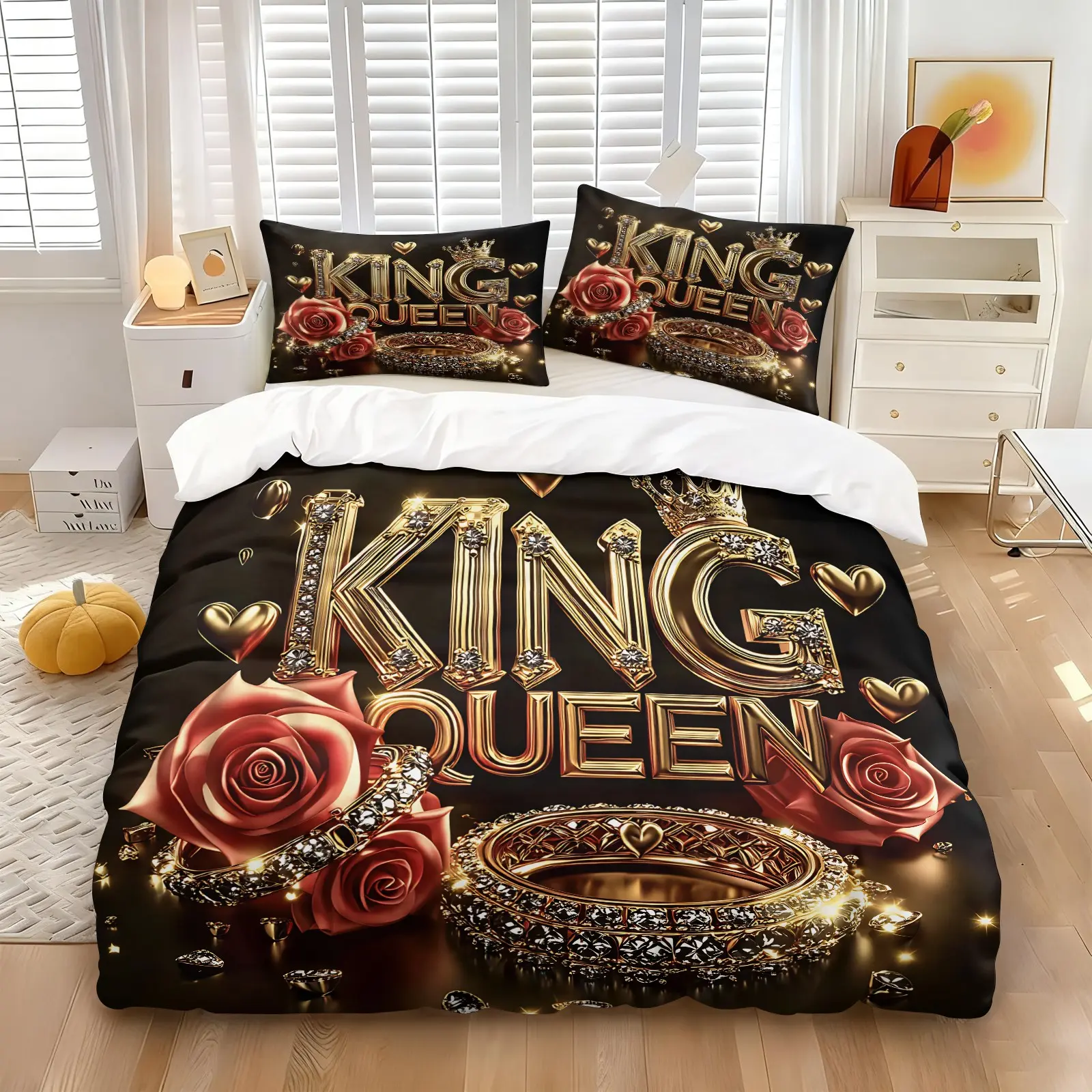 Luxury 3D Gold Plated Diamond King Queen Rose Print Duvet Cover Set, Black Background Wedding Crown Ring Design, 1 Duvet Cover and 1/2 Coreless Pillowcases, Soft Breathable Modern Luxury Apartment Bedroom Decor, Print Bedding Set