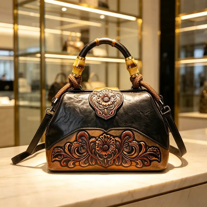 Vintage handmade fabric women's handbag, vintage flower embossed natural bamboo handle handbag, elegant women's top handbag for daily travel parties