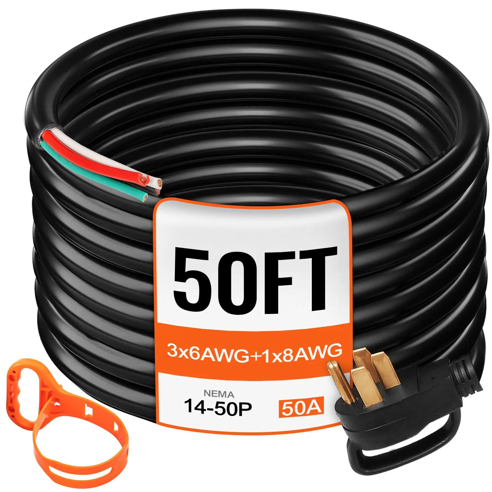 VEVOR 50' 50A RV Camp Power Cord Generator Cord 6/3+ 8/1 AWG NEMA 14-50P to Bare Wire