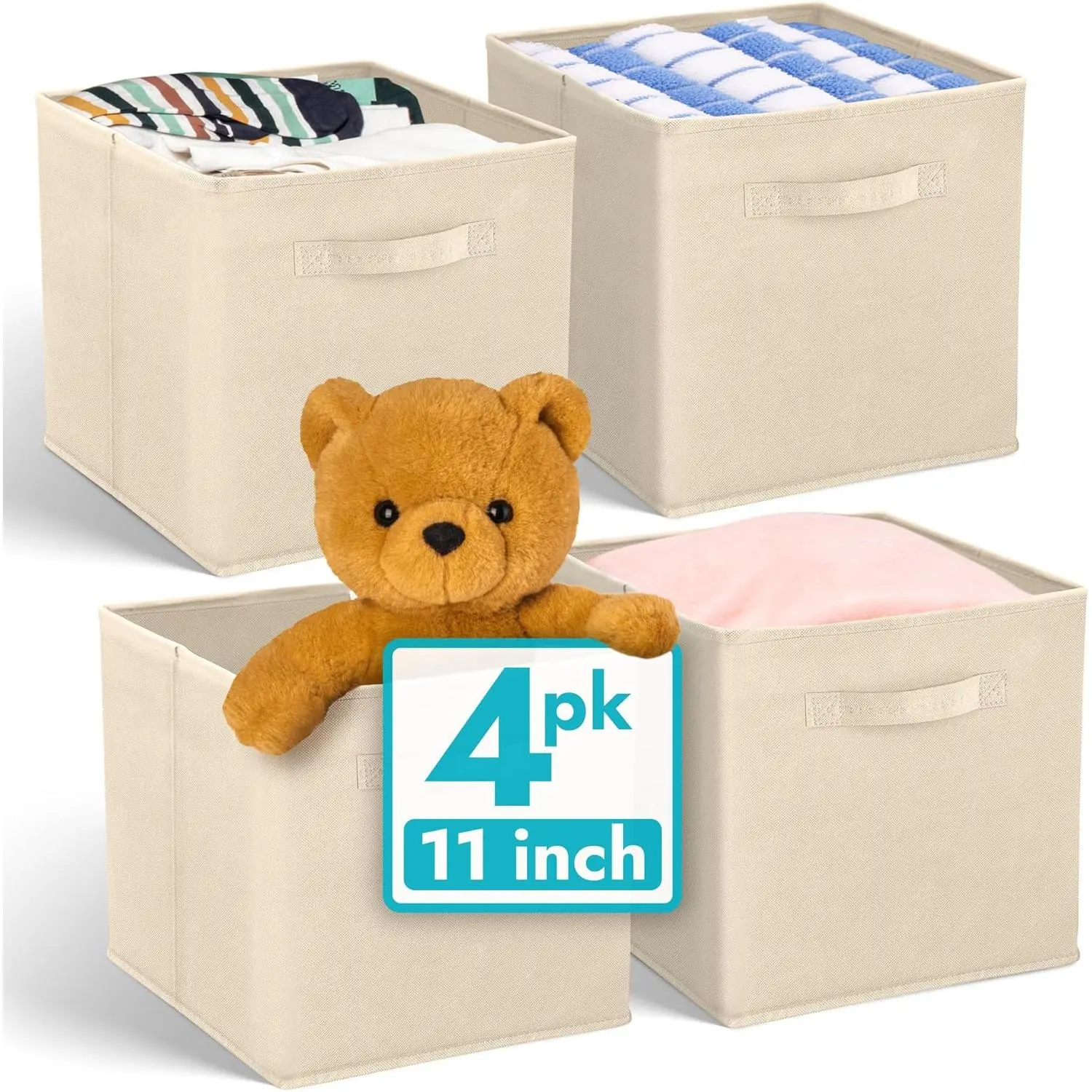 11 Inch Cube Storage Bins (4 Pack) | Cube Organizer Bins | Collapsible, Foldable Fabric Cubby Box (Square) | 11x11 Fabric Storage Boxes |  Room Organization (Beige)