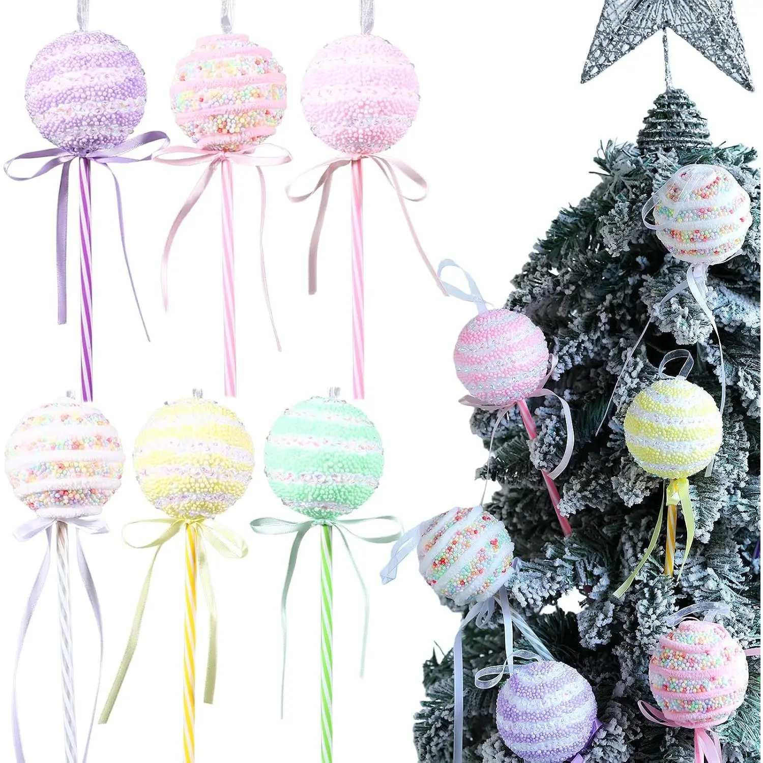 6 count Large Pastel  Candy Christmas Tree  Ornaments,11.8inch  Macaron Color   Dessert Candy Land  Balls Pendants for Christmas Holiday  Party Decoration
