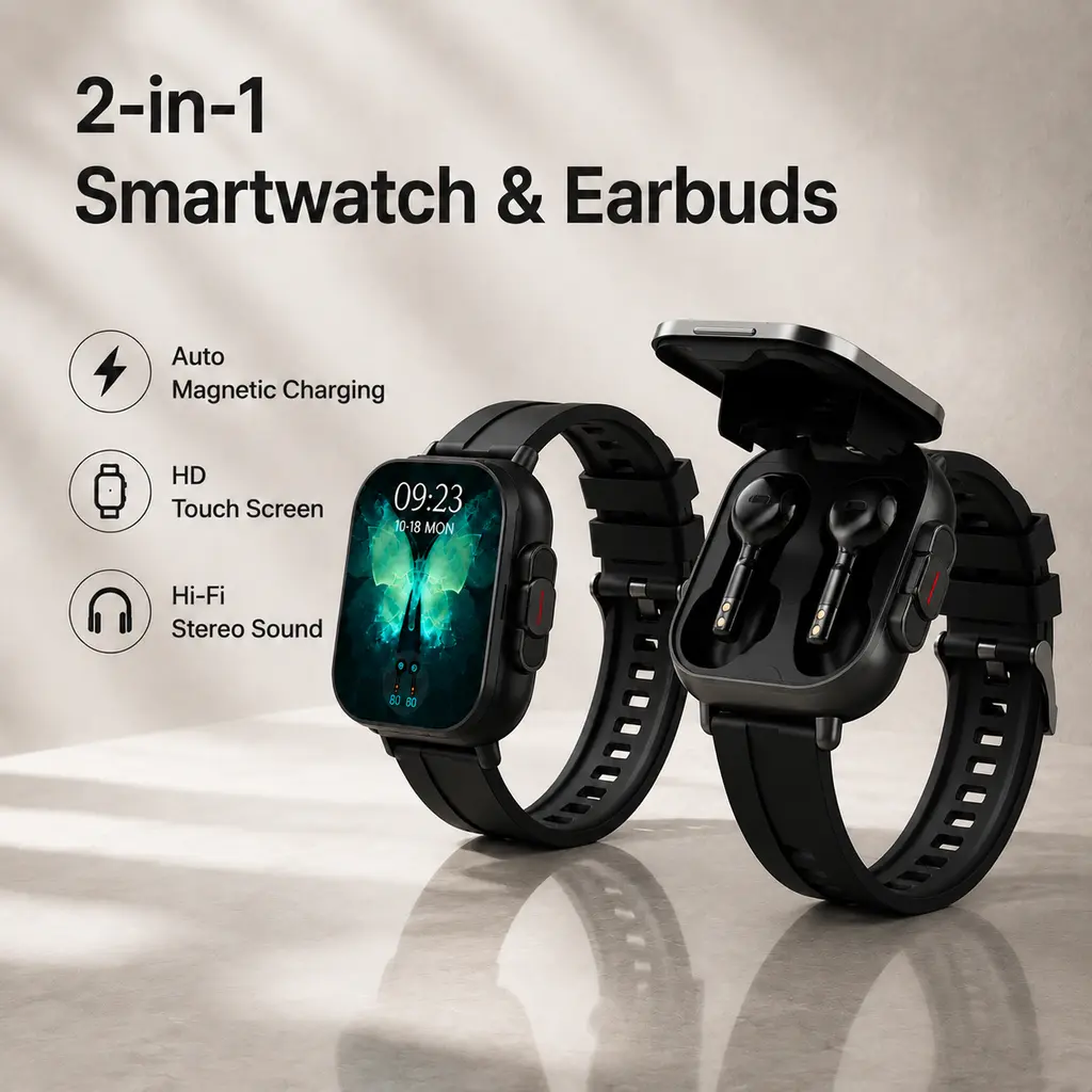 2-in-1 Portable Wearable Durable Gadget Watch – Health Smartwatch with Silicone Wireless Earbuds, HD Full Touch Screen, Bluetooth Calls, Pedometer, Custom Workout Timer, Glass, Waterproof, Aluminium Case, Custom Faces, for Daily Commuting