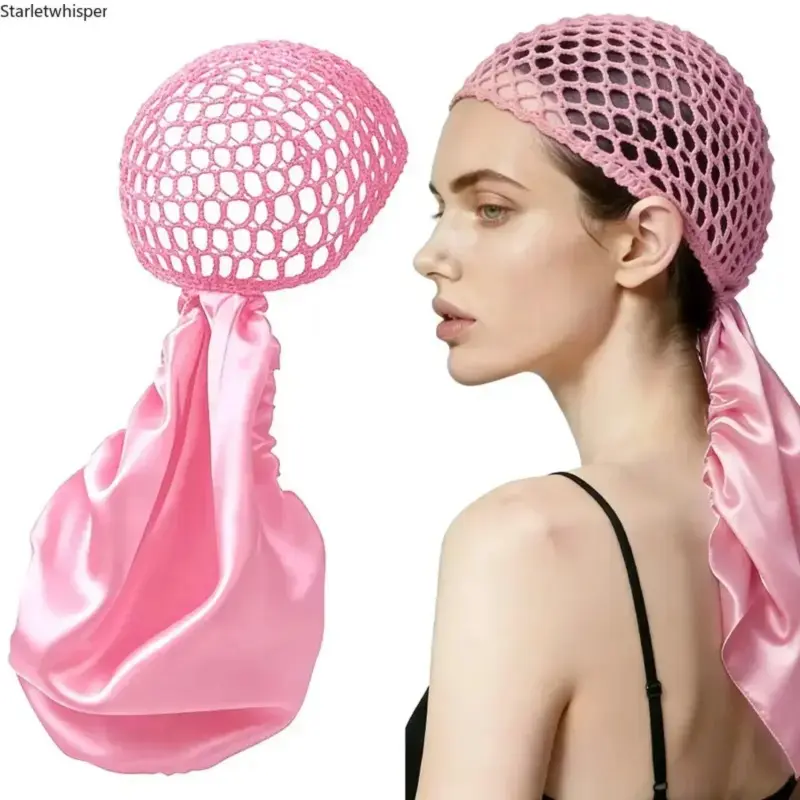 Non‑Detachable Reversible Satin Hair Wrap With Mesh Net, Adjustable Soft Band Handmade Hair Cover, Protective Hair Care Accessory for Curly Braided Hairstyle