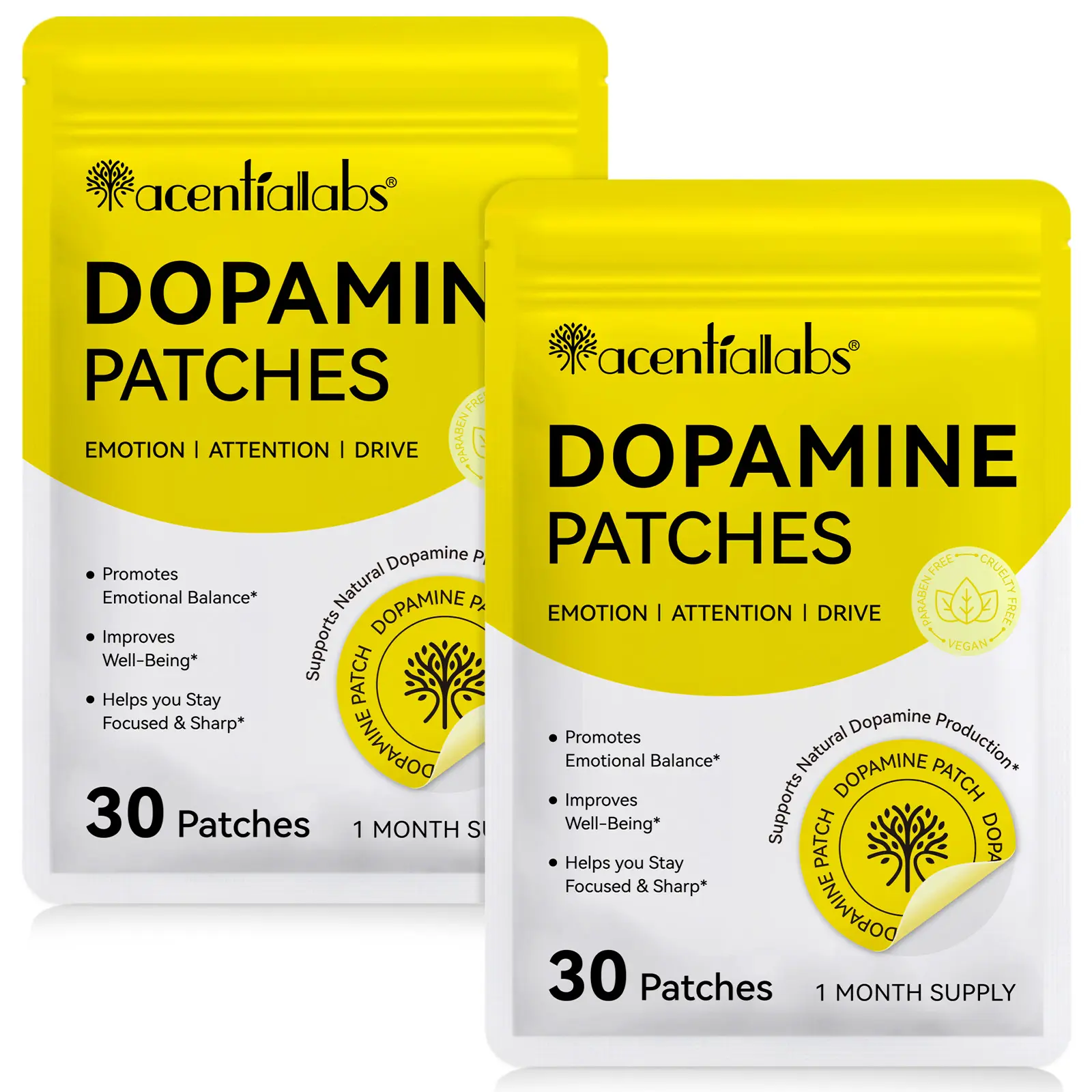 acentiallabs Dopamine Patches, 30 patches/2-pack; ultra-thin, invisible, elastic patches that are waterproof and sweat-resistant and won’t peel off, suitable for everyday use