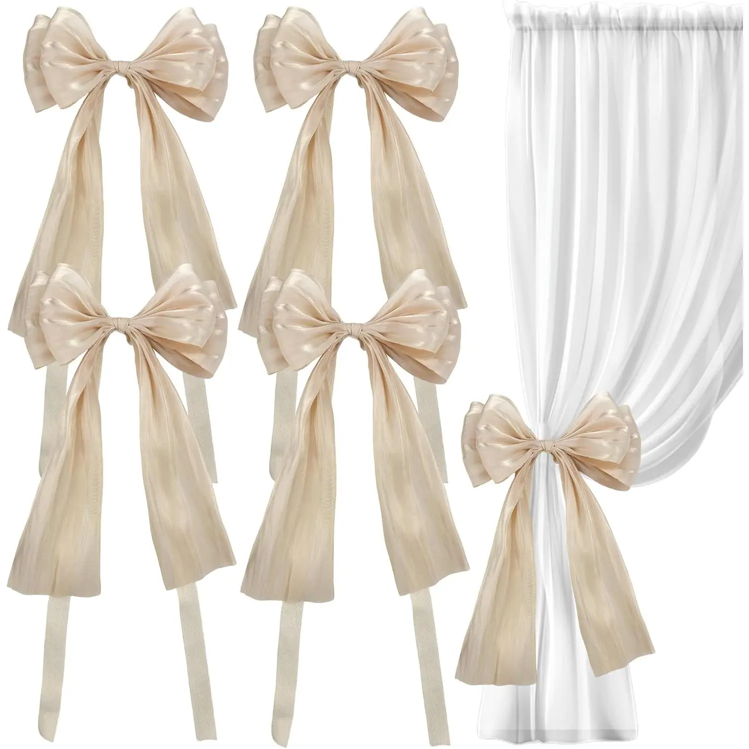 4 Pack Champagne   Silky Bow Curtain Tiebacks Elegant Lace Ribbon Bowknot Curtain Holdbacks Drapery Ties Holder for Accessories  Room Décor