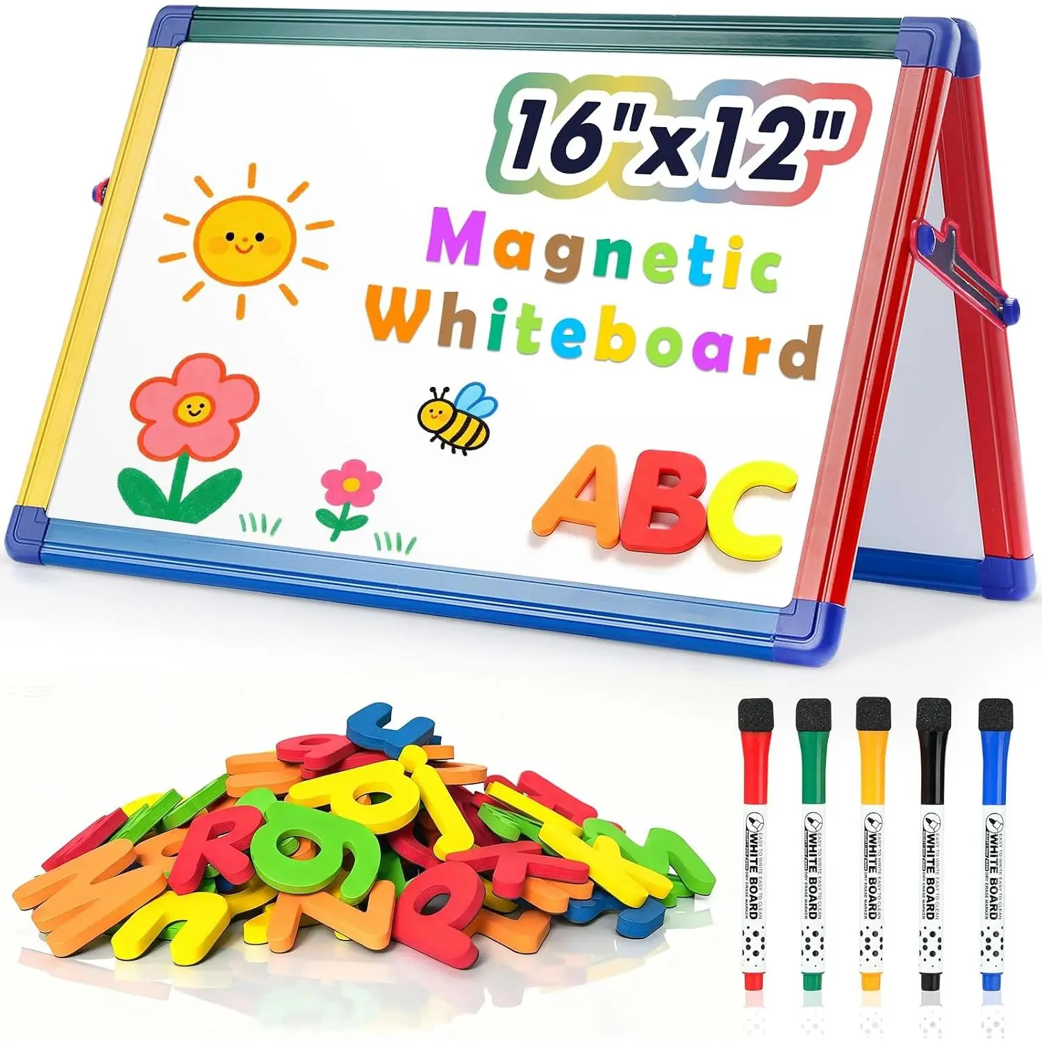 WANCROWN Dry Erae White Board for Kid16x12 inch Tabletop Whiteboard | Portable & Foldable Whiteboard, Table Top mall Whiteboard with tand, Include 82 Letter , for Claroom, Homechool