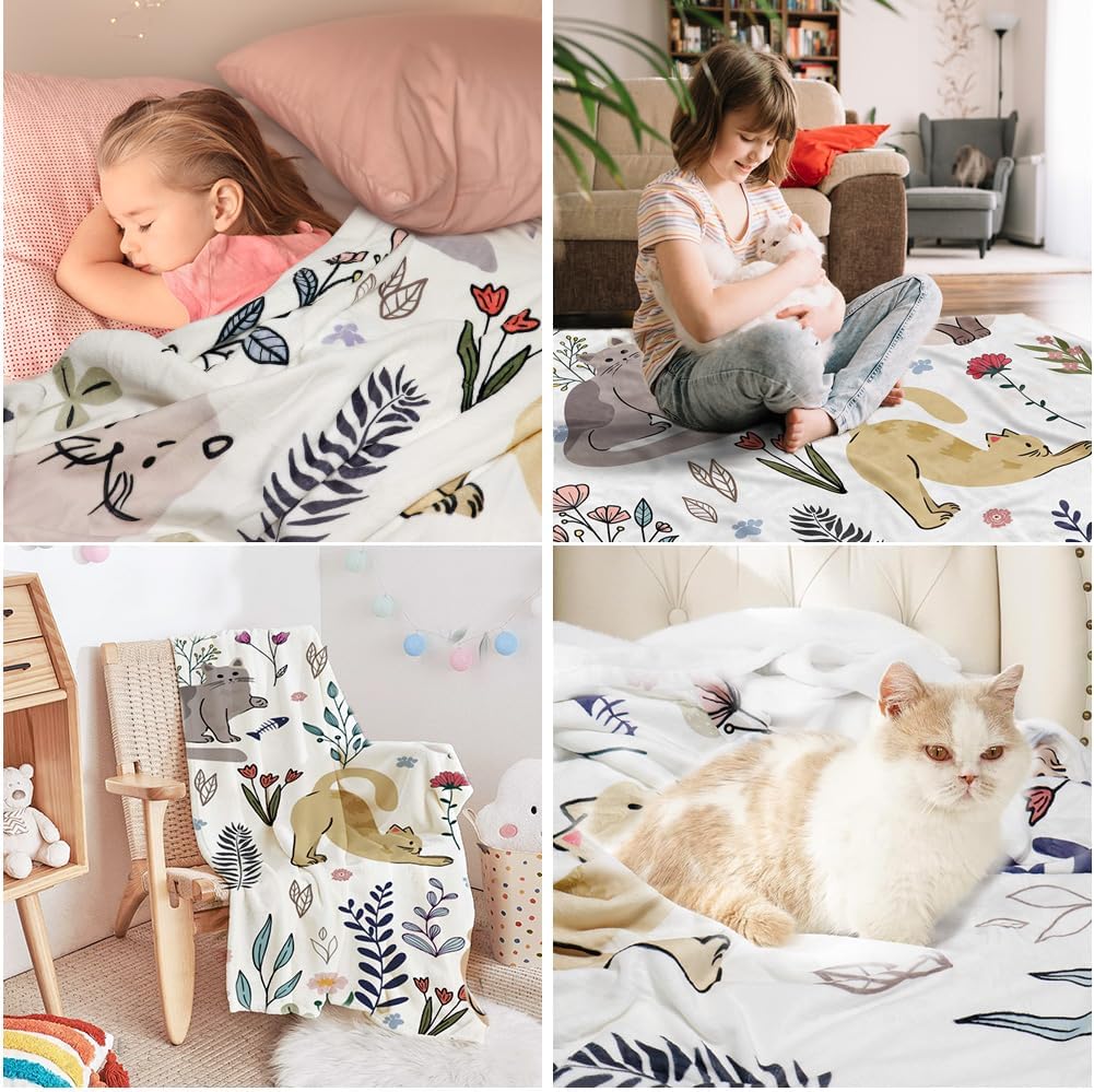 Cat Throw Blanket Floral Flower Blankets Gift for Cat Lover Throw Blanket Cats Themed Flannel Cozy Fuzzy Plush Blankets for Bed Chair Couch 50" X 60"