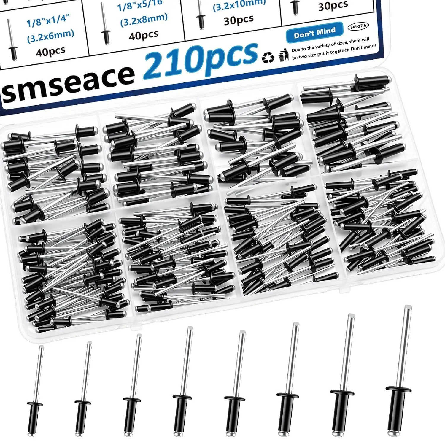 210 count  Black Pop Rivets  Kit - 8-Sizes SAE Rivets 1/8,3/16Inch for Metal, Furniture, Automotive, Instruments