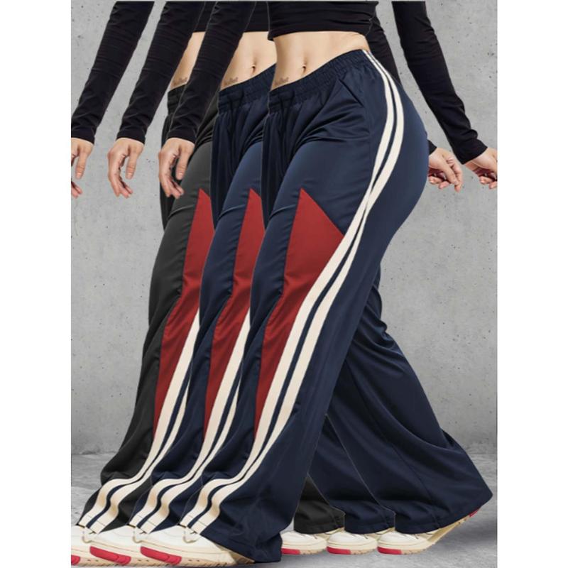 Women's 3-Pack Striped Athleisure Style Sweatpants, Wide-Leg Elastic Drawstring Waist Athletic Bottoms, Contrast Triangle Patchwork, Dual Side Stripes, Functional Pockets, Elasticity Lightweight Fashion Activewear Sportswear for Fitness Casual Wear