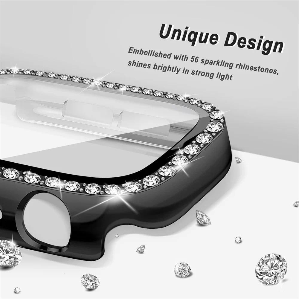 Diamond Case For Apple watch series 10 9 8 7 6 5 4 se 46mm 42mm 44mm-40-41-45mm Glass+Bling Bumper Screen Protector Accessories