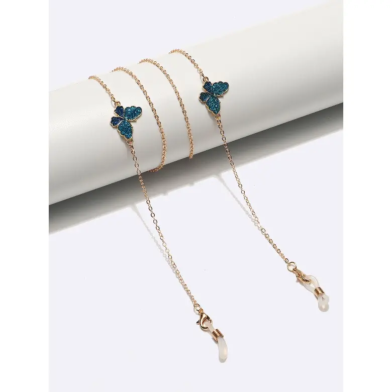 Gold-Blue Tone Butterfly Charm Anti-Slip Eyeglass Chain - Dual-Purpose Everyday Wear Accessory for Glasses and Face Masks with Anti-Slip Grip, Daily