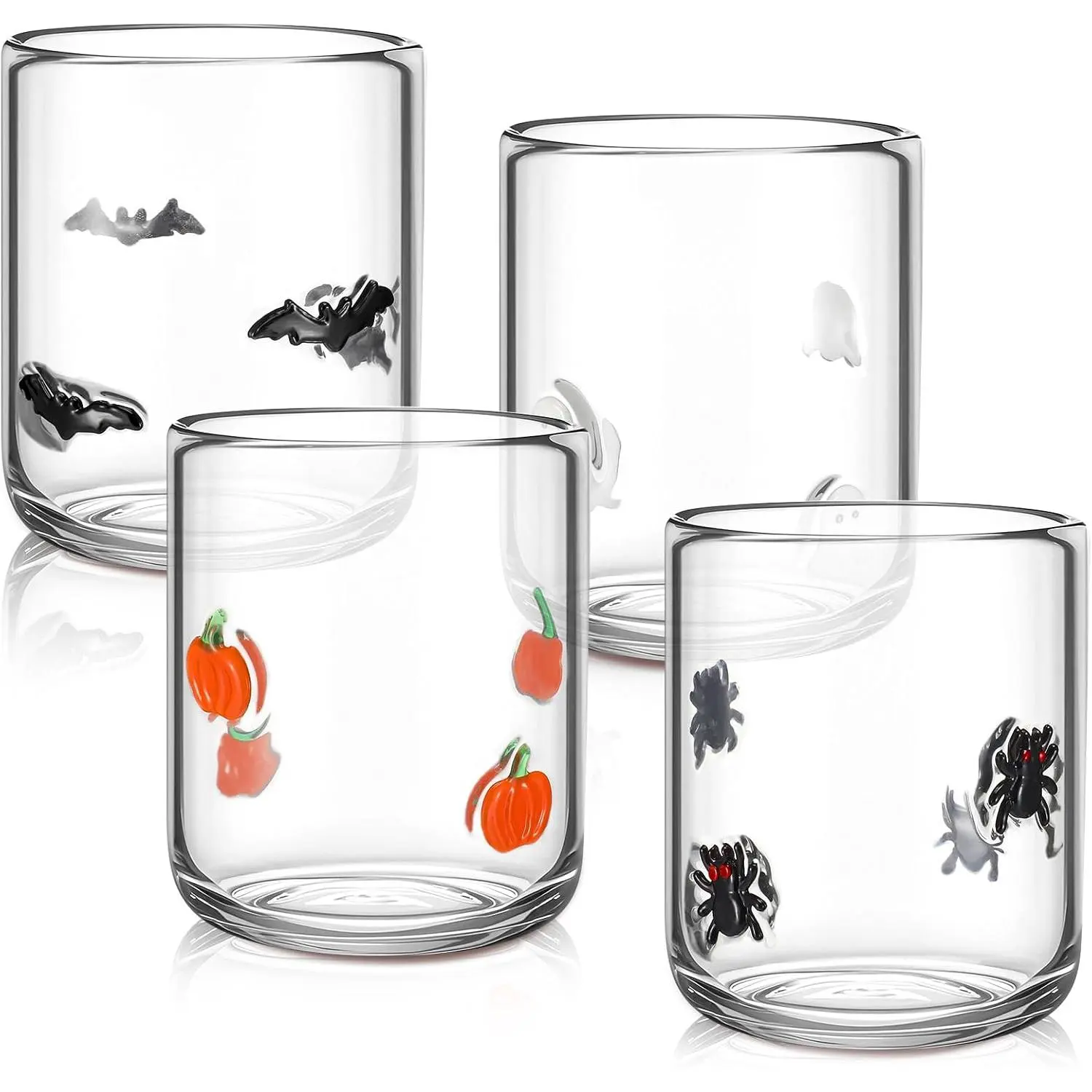 4 count Halloween Icon Glass Cups, Pumpkin Spider Bat , 16oz | Juice Stemless  Glasses, Double Old Fashioned, Icon Hand Blown Drinking Cups, Halloween Party Supplies &