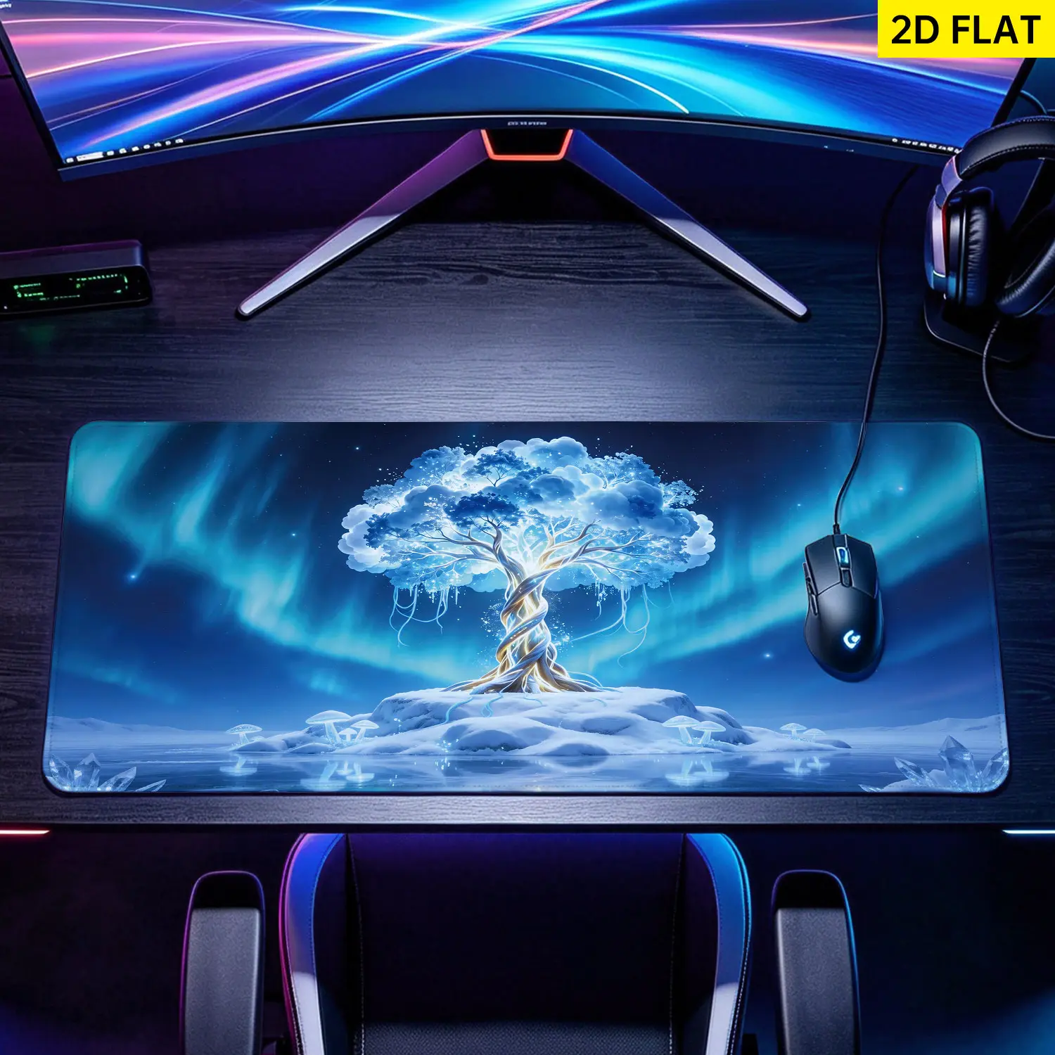 Extra Large fantasy ice crystal tree under aurora Mouse Pad,Non Slip Rubber Pad,Desktop Decoration Drotection Pad,Washable,Lock Edge Multi Size,Premium Multipurpose Mousepad For Office,Gaming Desk,Gift for Family and Friends