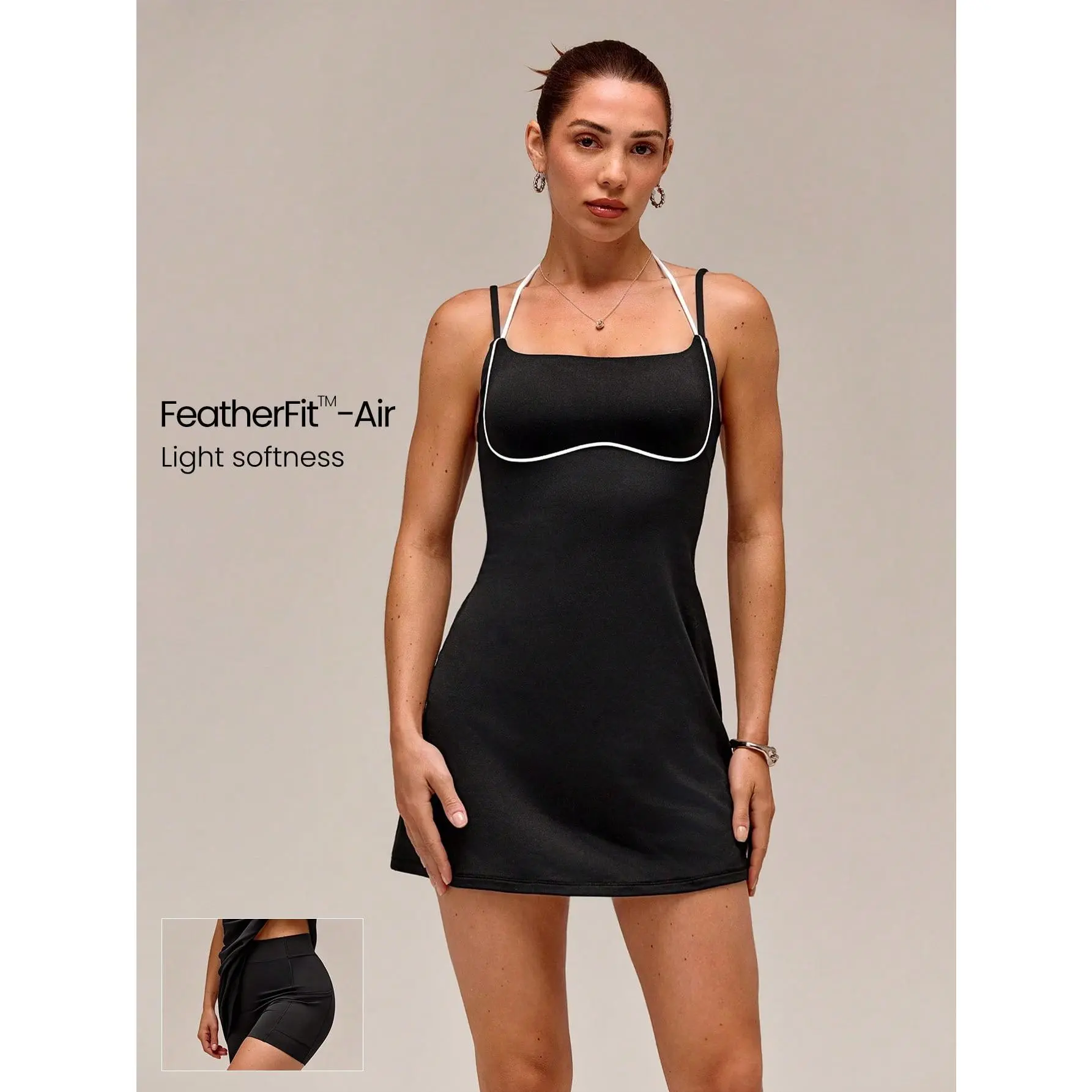 GLOWMODE FeatherFit-Air Glow All Out UPF50+ Sweat-Wicking A-Line Contrast Strap Dress With Removable Cups & Shorts Tennis Golf Pickleball Daily Active Wear