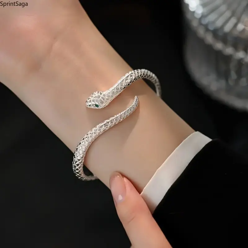 925 Sterling Silver Snake Bracelet for Women, Adjustable Vintage Punk Jewelry with Floral Trim & Green Zircon Eyes - Funky Party Accessory, Womens Gifts, Accessories For Women, Peppy, Glamorous, Anniversary, Baroque, Ethnic