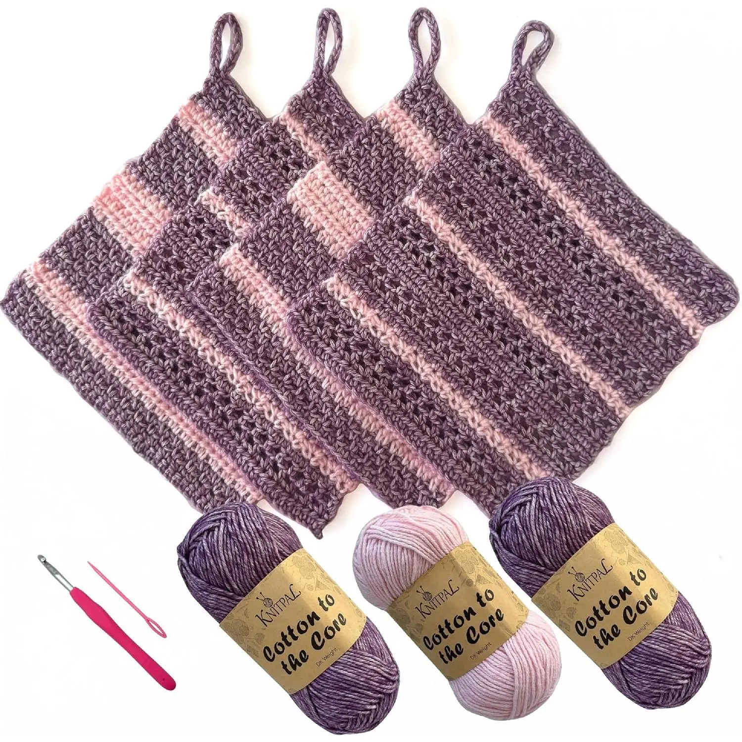 Everyday Joy Crochet Kit for Confident Beginners – Make 4  7.5 x 7.5 in Dishcloths – with  to The Core Yarn (#3 ), Hook, Patterns & Video Tutorials (Plum  + Blush )