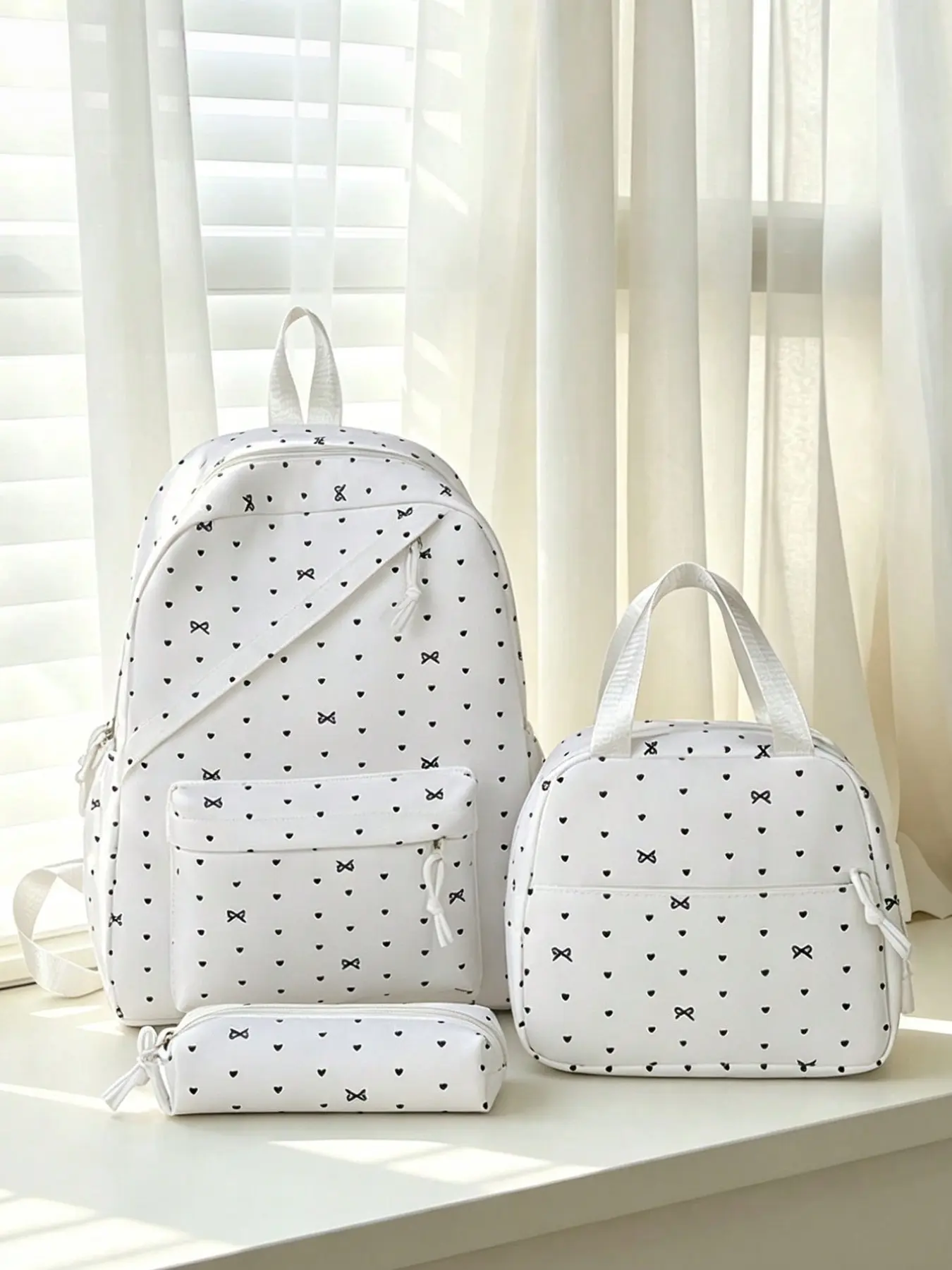 3Pcs White Mini Bow & Heart Print Backpack Set Lightweight Nylon Student School Handbag Pencil Case Combo Cute Preppy Teen Girls Daily Travel Rucksack, Backpack For Traveling On Airplane, Soft Large Capacity