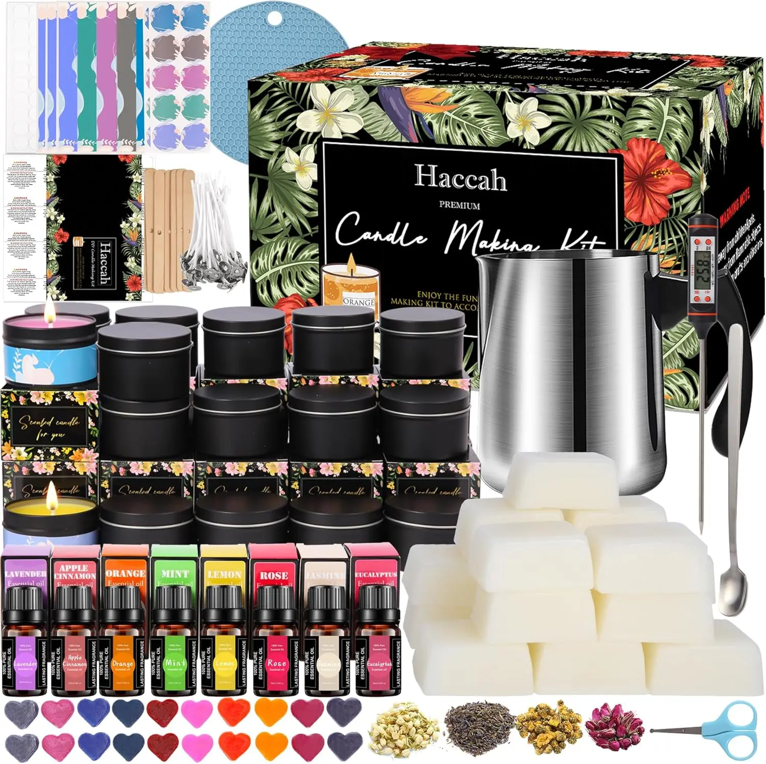Complete DIY Candle Making Kit with 8 Scents Essential Oils, 16 Blocks Beeswax Craft Set with Candle Tins, Dried Flowers, Wicks, Perfect Arts and Crafts Gift for Adults & Beginners