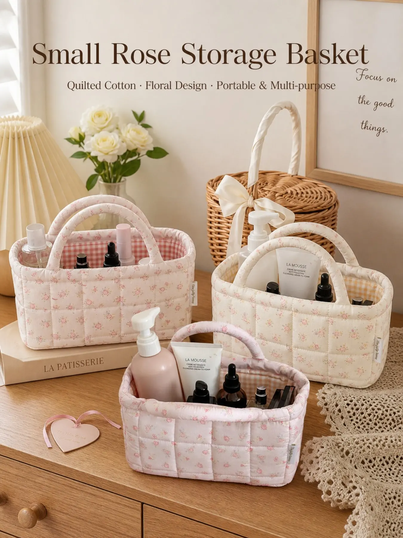 Multifunctional Rose Quilted Handbag Storage Basket, Washable Thick Fabric Organizer, Mini Storage Basket for Bathroom Items, Baby Toys, Office Supplies, Essentials Storage, Organizing Baskets