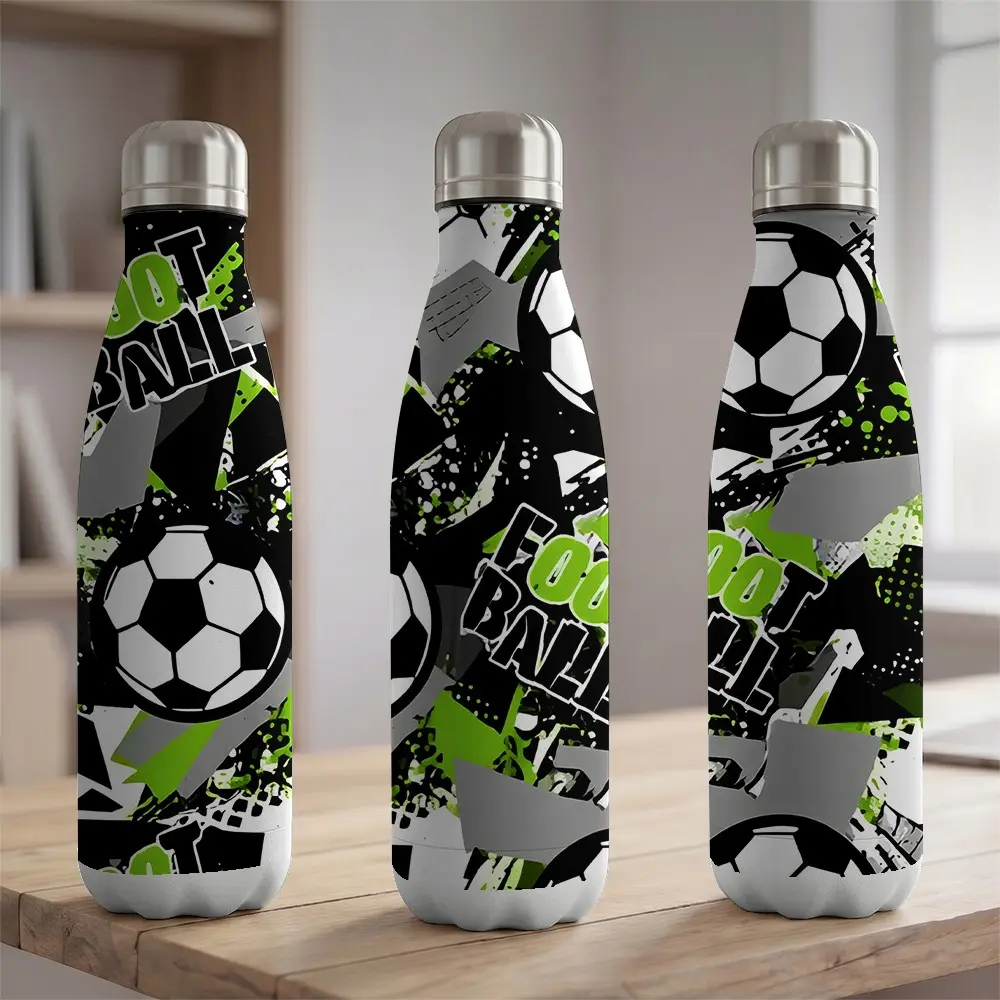 1pc 17oz Stainless Steel Water Bottle 500ml Vacuum Insulated Flask Cola Shaped Sports Bottle with Football Soccer Graffiti Print Double Wall for Gym Outdoor Hiking Travel Cycling Fits Car Cup Holder Portable Drinkware