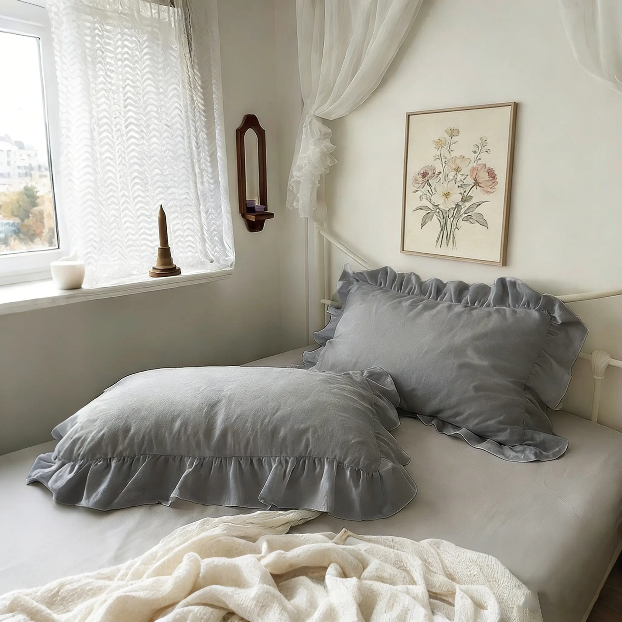 2-Pack French Countryside Style Coreless Pillowcases, Light Grey Envelope Closure Ruffled Design, Soft Comfortable Exudes Sense of Languo, Gentle Romantic Bedroom Decor, Comfortable Sleep, Unisex, Gift Choice